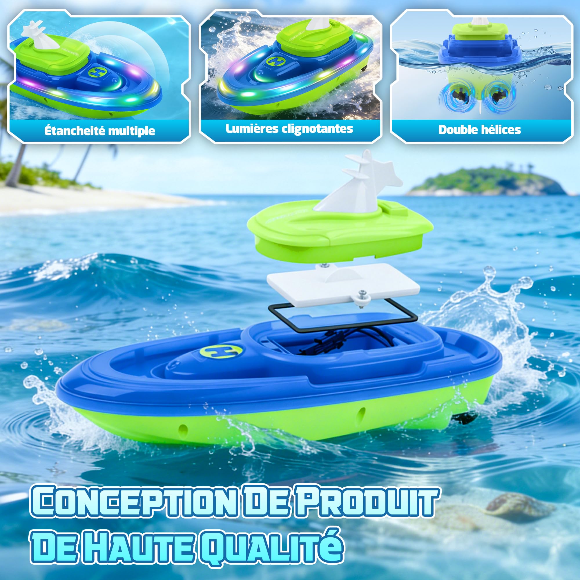 FORMIZON Bateau Ttélécommandé, sous Marin Télécommandé avec Fonction de Projection d'eau, Bateau RC Étanche, Bateau Radiocommandé avec lumière et Rotation à 360 Degrés (Blau)