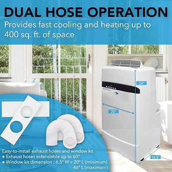 Whynter ARC-12SDH 12,000 BTU (6,884 BTU SACC) Dual Hose Cooling Portable Air Conditioner, Heater, Dehumidifier, and Fan with Storage Bag, Up To 400 sq ft in White