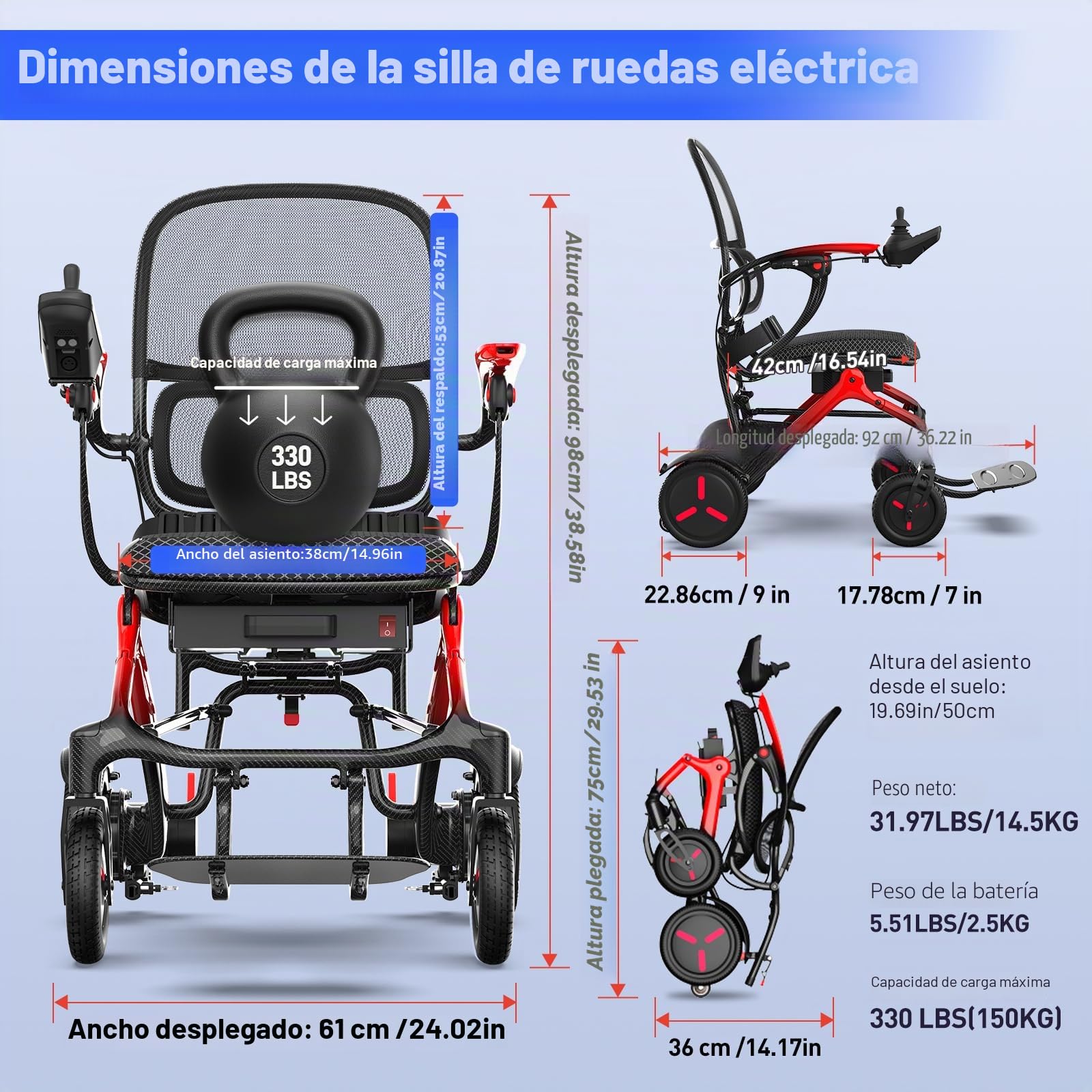 Silla de ruedas eléctrica plegable ligera de carbono: 25 km con neumáticos antipinchazos para todo terreno - Silla de ruedas eléctrica con respaldo transpirable hasta 150 kg