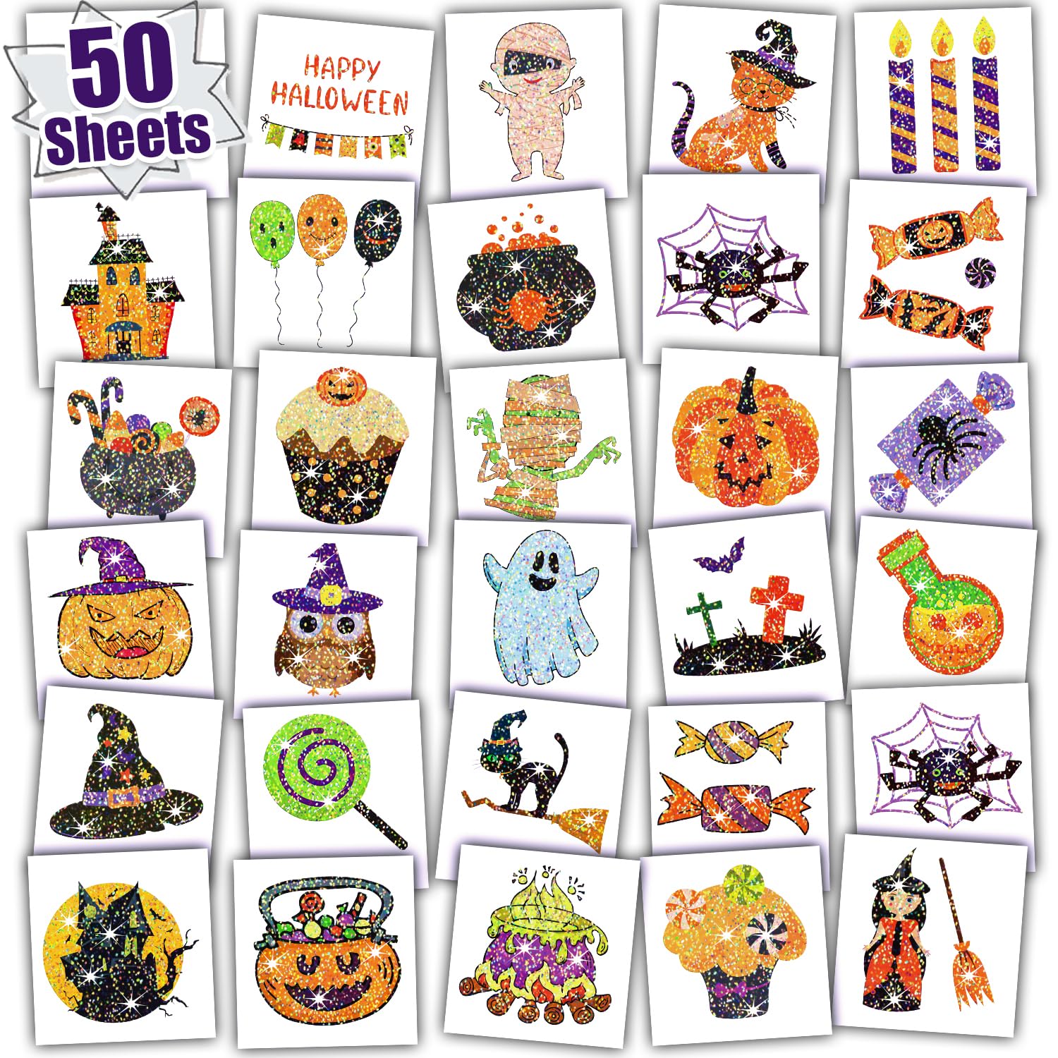 Leesgel Halloween Glitter Tattoos for Kids 50 Non-repetitive Halloween Designs, Waterproof, Suitable for Kids' Activities