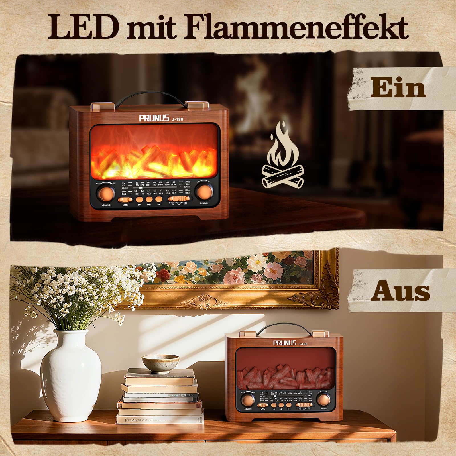 PRUNUS J-196 AM/FM/SW Retro Radio mit Bluetooth | Nostalgie Radio mit Akku 1800mAh | Transistorradio Küchenradio für Zuhause | Flammen-LED | USB/TF Slot | großem 8W-Lautsprecher | Vintage-Dekoration