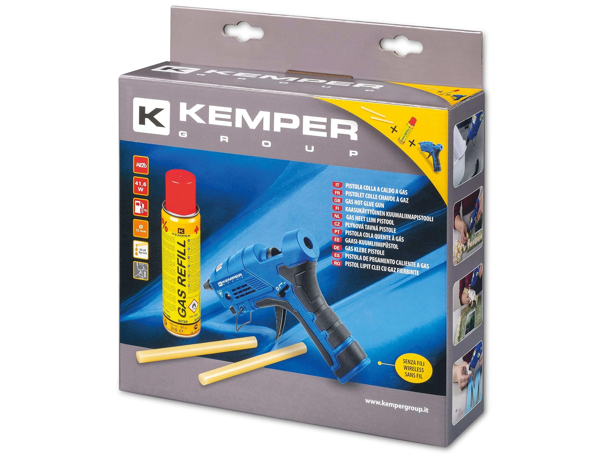 KEMPER - Pistolet à colle à gaz rechargeable 41.6W Allumage piézo + 2 Bâtons de colle Ø 12 mm