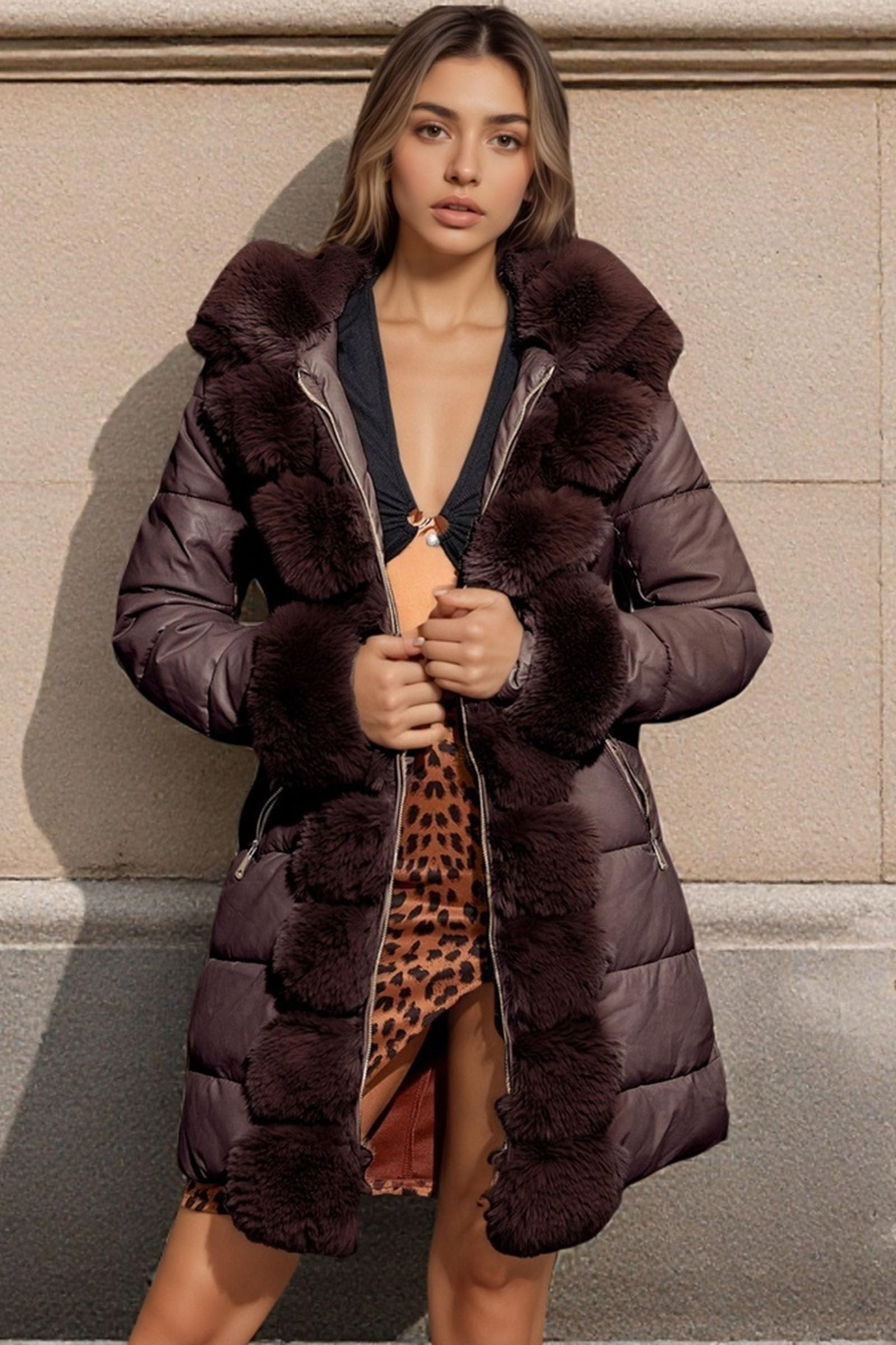 RISISSIDA Women Winter Fur Lined Coat,Puffer Jacket with Long Fur Trim Hooded,Warm Leather Bubble Overcoat Cold-resistant: Medium Burgundy Wine