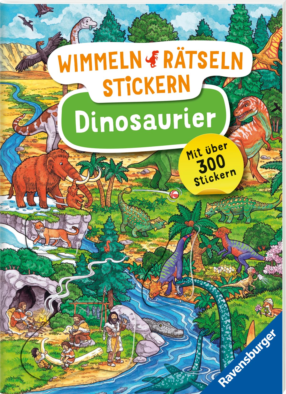 Ravensburger Wimmeln, Rätseln, Stickern: Dinosaurier - Stickerbuch ab 4 Jahren, 13 Wimmelbilder, über 300 Sticker, Dinosaurier