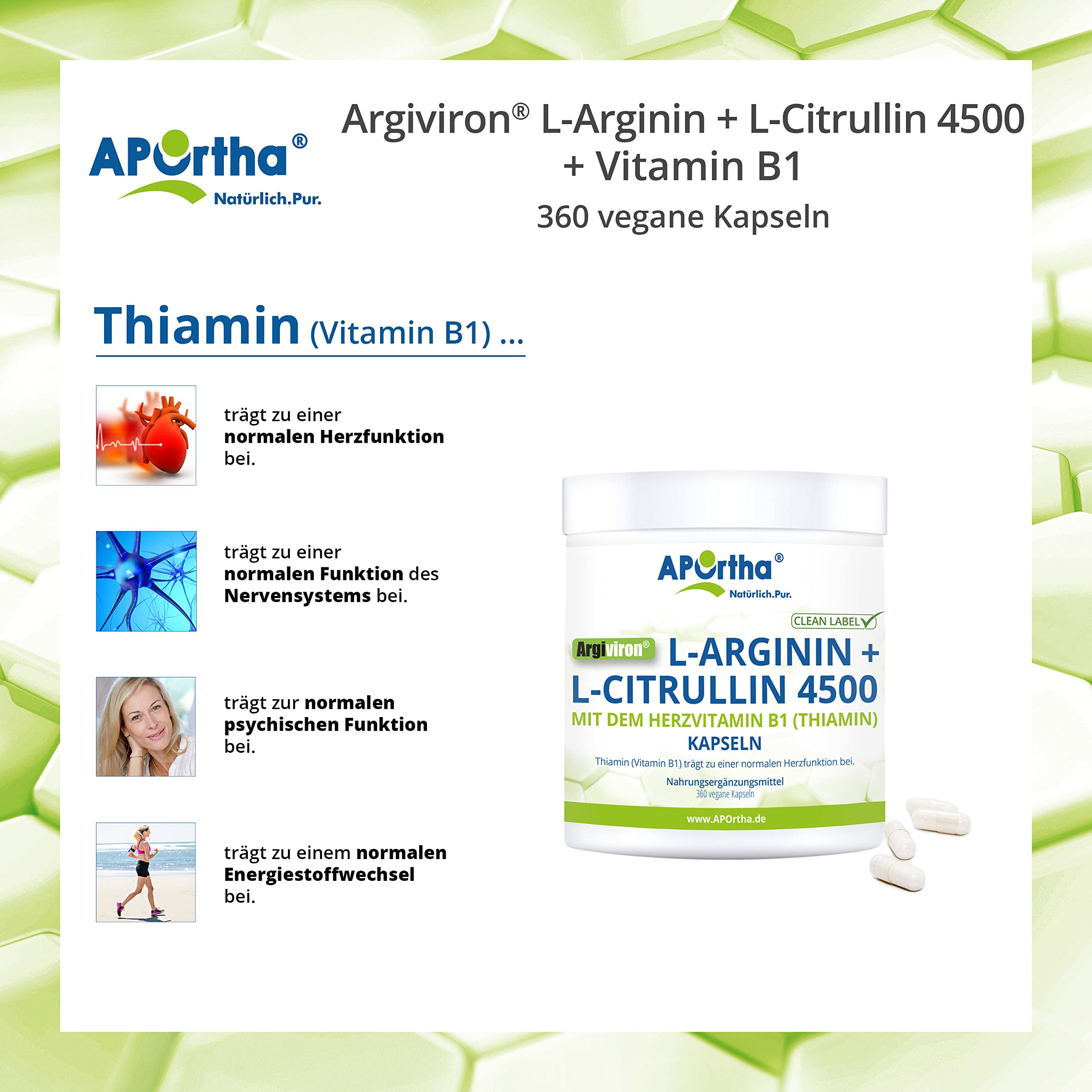 APOrtha® Argiviron® L-Arginin + L-Citrullin 4500 hochdosiert + Herzvitamin Vitamin B1, 360 vegane Kapseln, Hochdosiert im Verhältnis von 1,6 zu 1 von L-Arginin zu L-Citrullin, allergenfrei