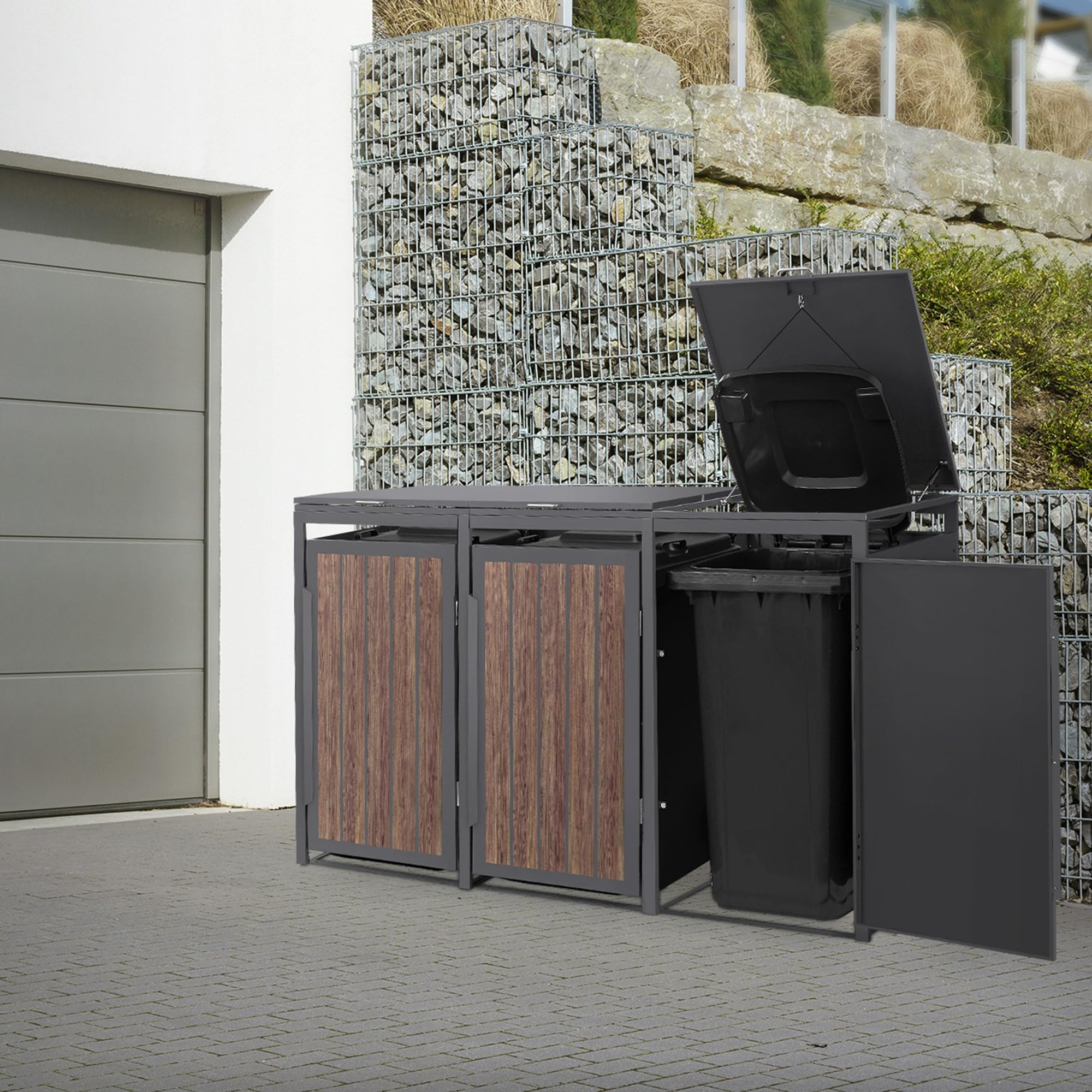 ML-Design Mülltonnenbox 3er 240L, Mülltonnenverkleidung für 3 Mülltonnen, Müllbox wetterfest, Mülltonnenhaus aus Stahl, Müllcontainer mit Klappdeckel & Tür, Gerätebox 196x80x120 cm Anthrazit-Holzoptik