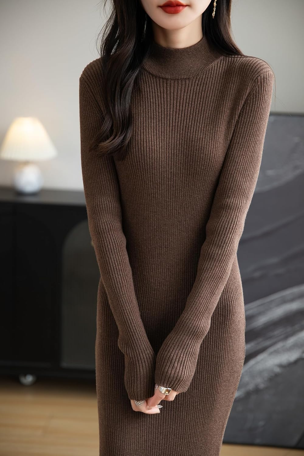 Women's Merino Wool Blend Long Sweater Dress 2025 Fall Winter Fashion Long Sleeve Casual Mock Neck Ribbed Knit Dress