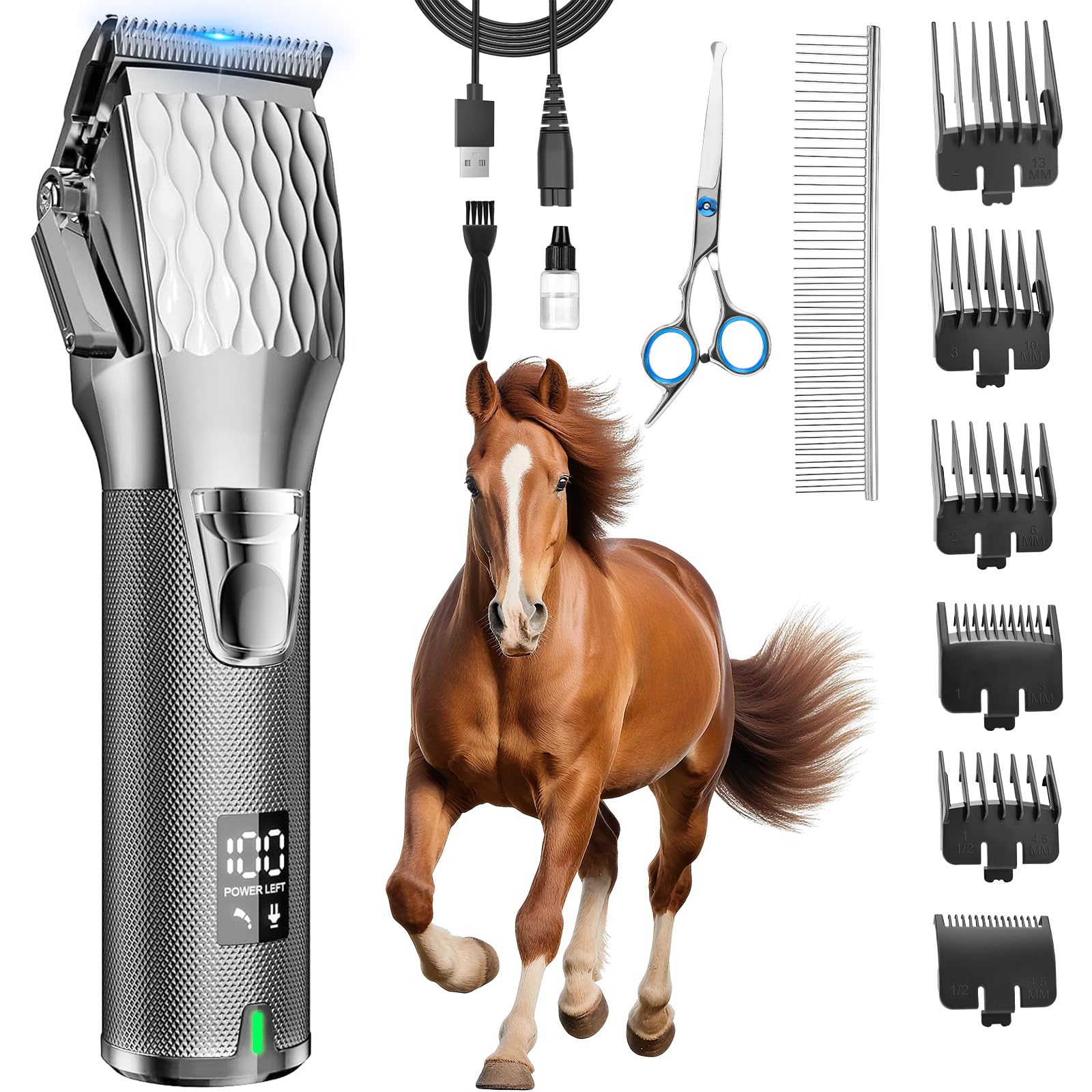 Horse Clippers, Cordless Trimmers Grooming Kit with 2500mAh Battery，Low Noise Heavy Duty Body Clipping Machine with LED Display, Suitable for Horse, Cattle, Cat, Dog with Thick/Tangled Coat