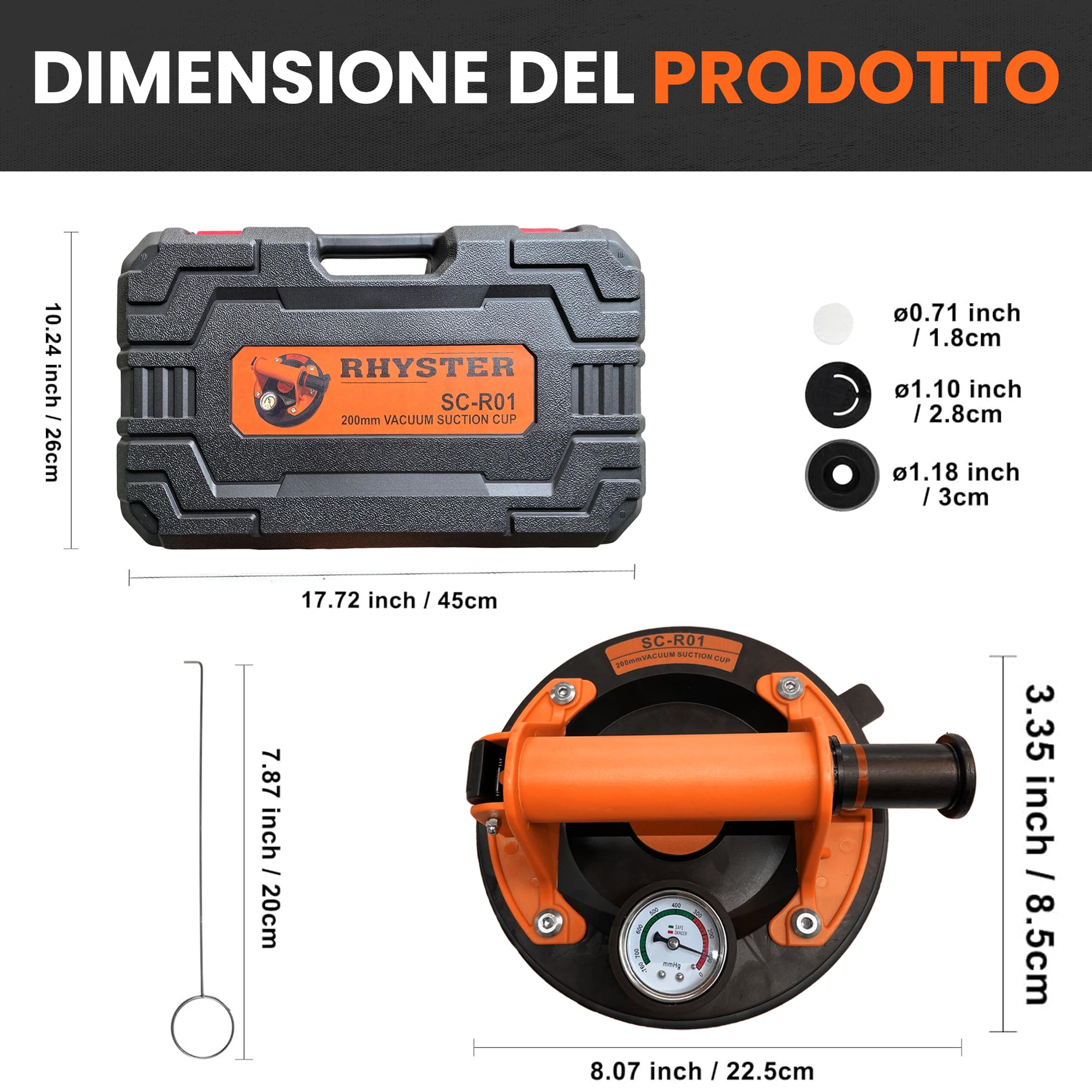 RHYSTER® 2 Ventose per Piastrelle con Manometro e Indicatore di Sicurezza, Diametro 200 mm, Supporto Fino a 300 kg, Ideale per Piastrelle, Vetri, Parabrezza, Mobili, Kit di Ricambio per Valvole
