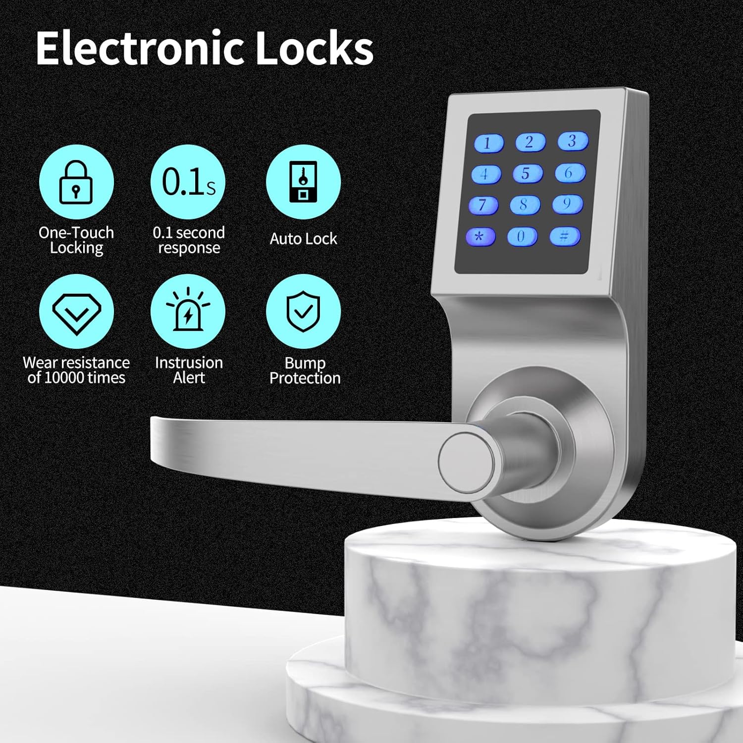 Keypad Door Lock with Handle, Commercial Keyless Door Lock, Smart Door Locks for Front Foor, Keyless Electronic Digital Smart Door Lock for Bedroom, Office, and House Rental Silver