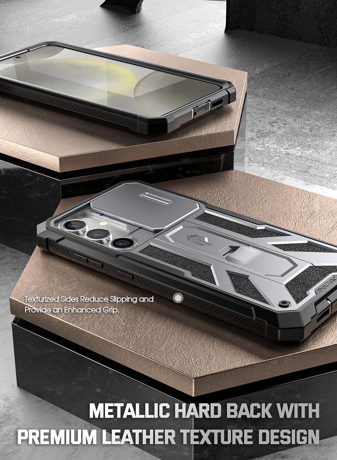 Poetic Spartan Case for Galaxy S24+ Plus 5G 6.7 inch, [Slide Camera Cover],Built-in Screen Protector Work with Fingerprint ID, Full Body Rugged Case with Kickstand, Metallic Gun Metal