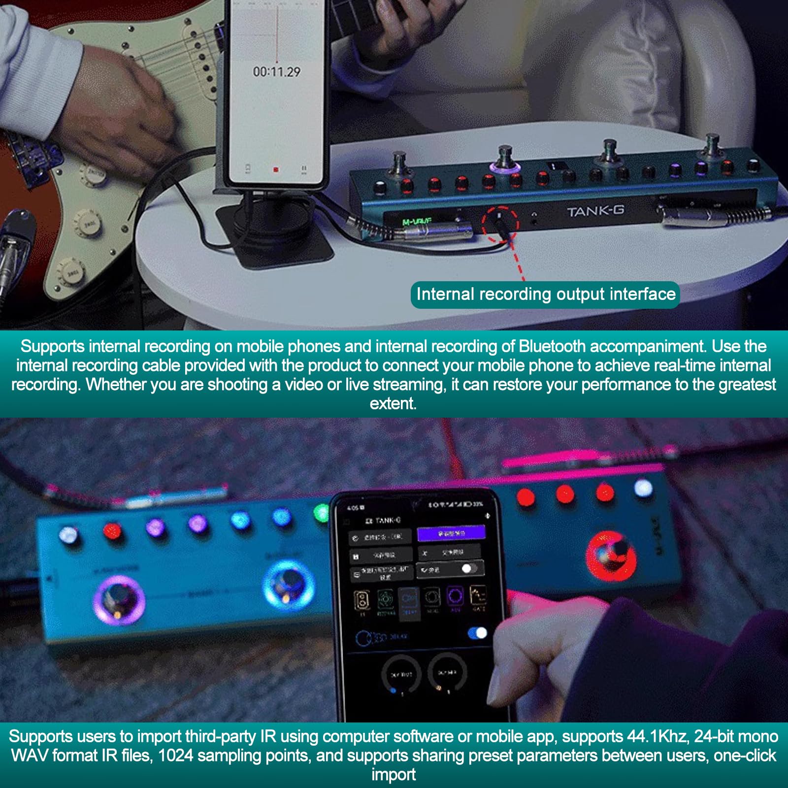 Pedale Multieffetto, TANK-G Dispositivo per chitarra effetto singolo blocco, potente memoria audio, scheda audio integrata, effetto chitarra portatile esterni (batteria integrata da 3000 mAh)
