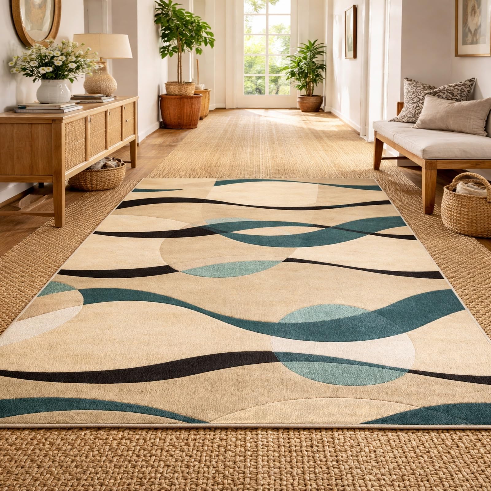 Tapis abstrait moderne beige pour revitaliser un salon au sol sombre ou neutre