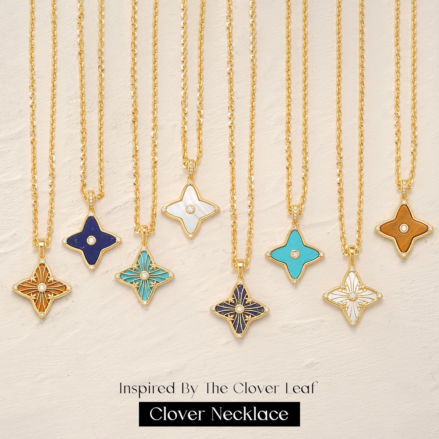 MYEARS Women Clover Necklace Pendant Lapis Lazuli/Mother of Pearl/Turquoise/Yellow Tiger's Eye Cubic Zirconia 14K Gold Simple Dainty Chain Everyday Trendy Lucky Jewelry - Image 6