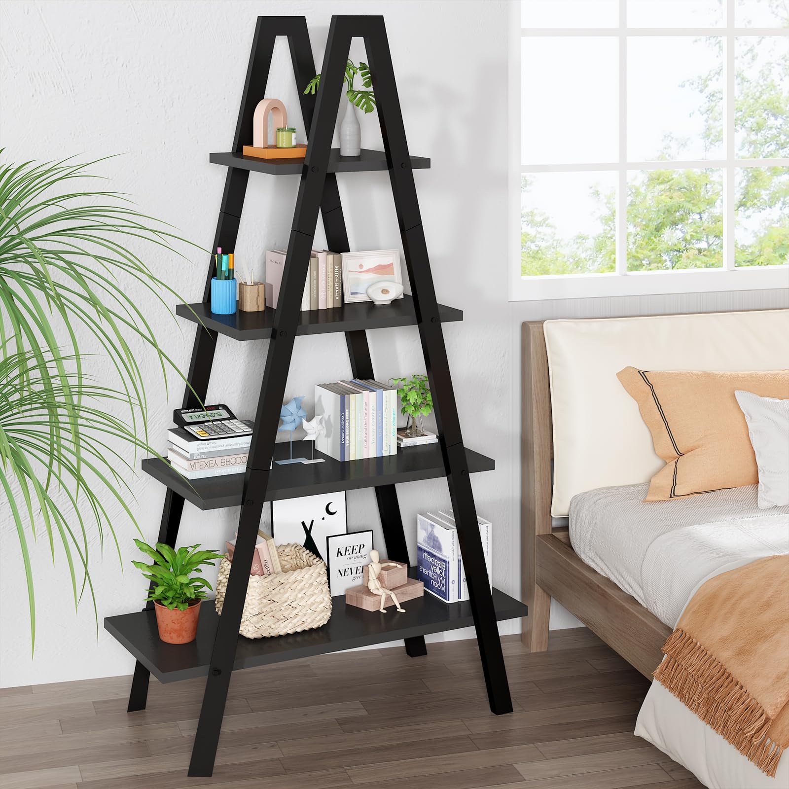 DKLGG 4-Tier A-Shaped Bookshelf, Industrial Metal Bookcase, Standing Bedroom Ladder Shelf, Open Display Shelves, Plant Stand Shelf Indoor, MDF