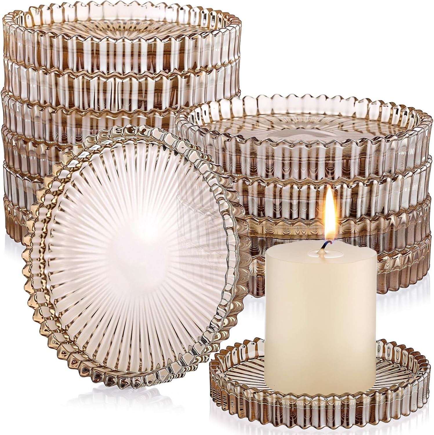Honeydak Amber Glass Pillar Candle Holder Plates 4'' Round Glass Candle Tray Round Coasters for Table Centerpiece Wedding Party Home Bridal Shower Thanksgiving Christmas Decor(12 Pcs)