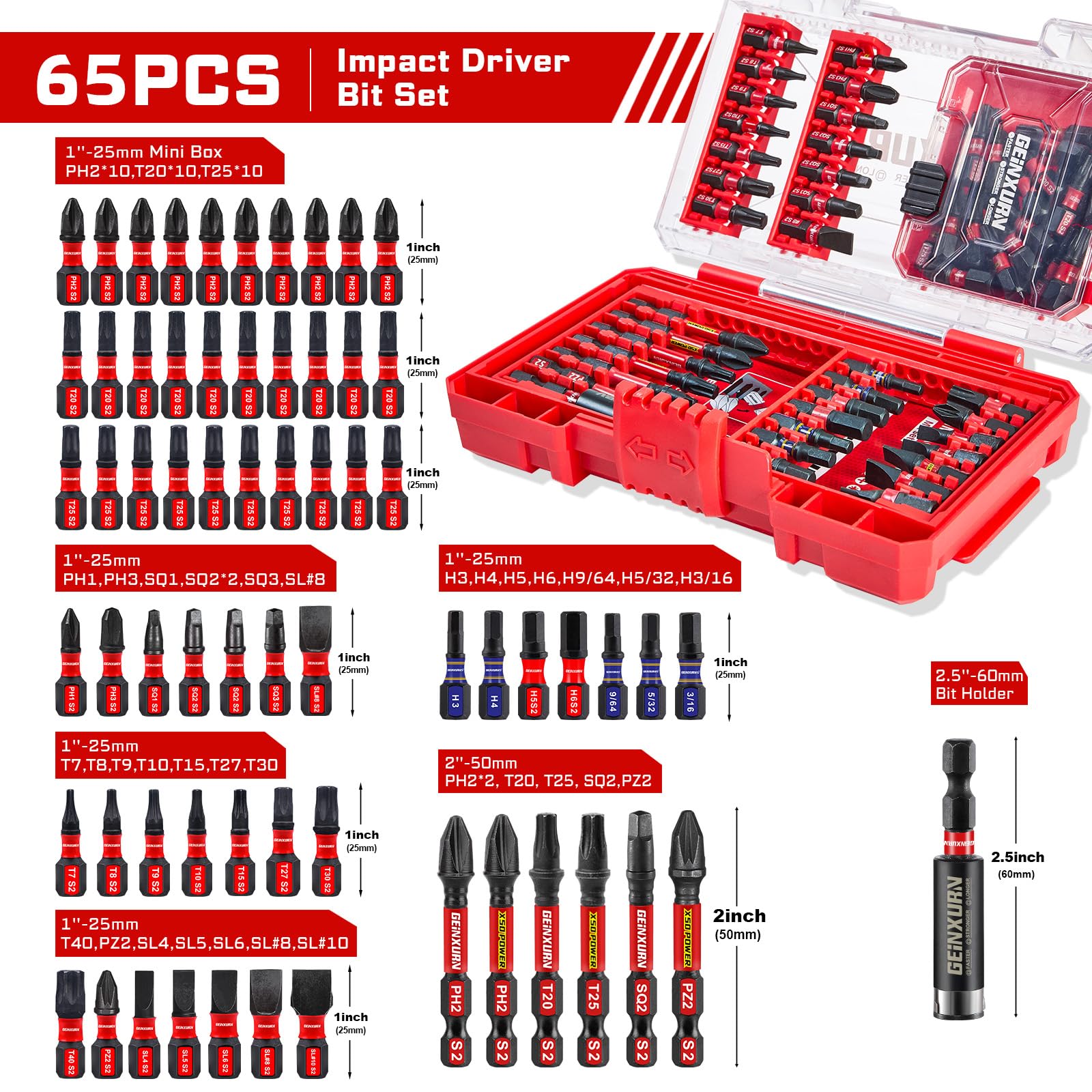 Geinxurn Juego de 65 puntas de destornillador de impacto, puntas magnéticas de acero S2 Phillips/ranuradas/cuadradas/torx, soporte de brocas de impacto con caja de almacenamiento roja