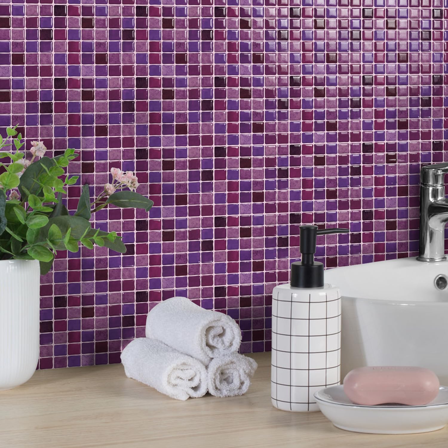 Alwayspon 15x15cmx10Pcs 3D Mosaic Self Adhesive Wall Tile Sticker Transfers, Peel and Stick Adhesive Waterproof Splashback Stick on Tile Decals for Kitchen Bathroom Wall, Gradient Deep Purple