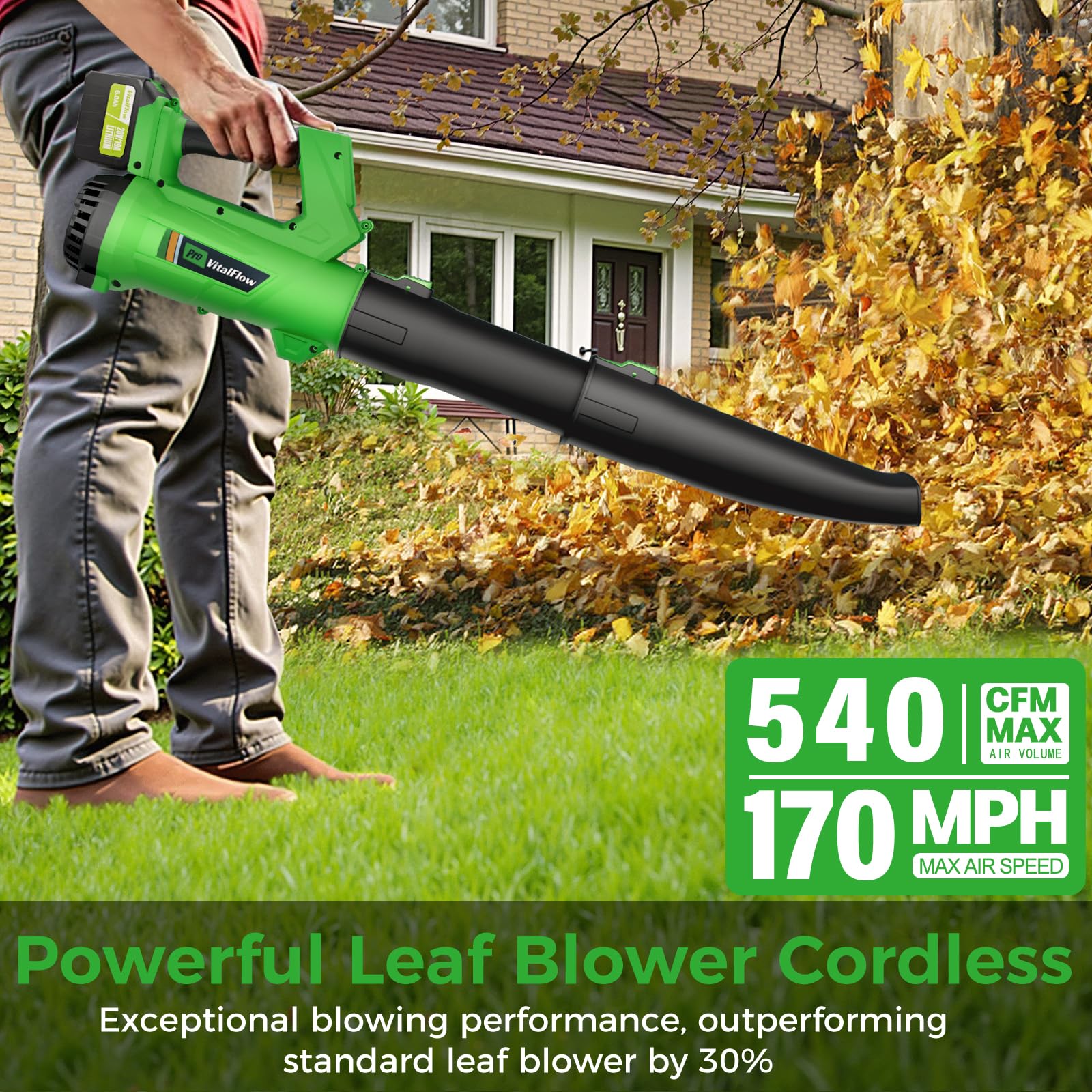 Soplador eléctrico de hojas inalámbrico, 540 CFM/170 MPH con batería de 2 x 6.0 Ah y cargador, soplador inalámbrico ligero para cuidado del césped, limpieza de patio, eliminación de hojas y polvo