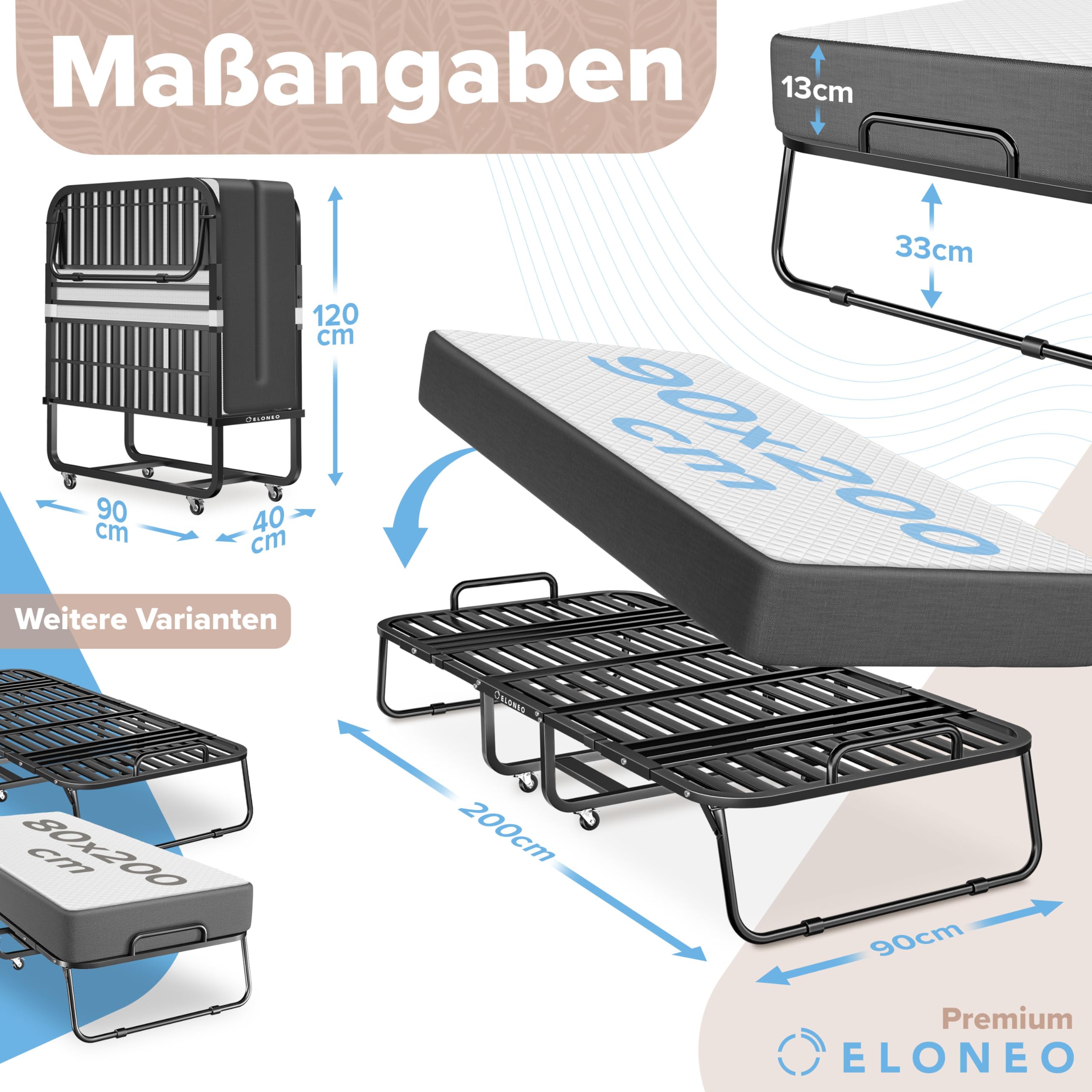 ELONEO Klappbett 90x200 cm inkl. Premium Matratze | Gästebett klappbar, belastbar bis 250kg | faltbares Reisebett mit Metallrahmen und Transportrollen | Schrankbett inkl. Schutzhülle