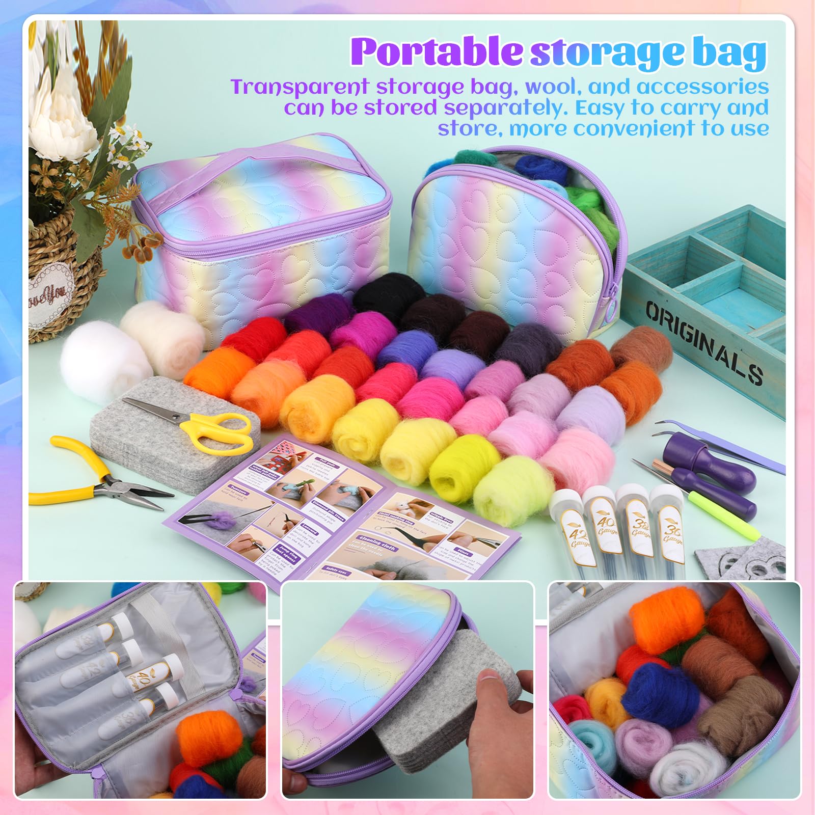 Mayboos Nadelfilz-Set, 50 Farben, Wollgarn-Set, Nadelfilz-Starter-Set für Anfänger mit Wollfilz-Werkzeugmatte, Nadelfilzzubehör für Heimwerker, Handwerk, Heimdekoration, Geschenk