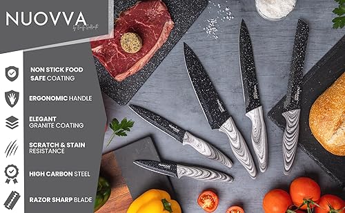 Miniatura 8 de nuovva Juego de cuchillos de cocina profesionales  5 cuchillos de cocina de granito negro  Cuchillas antiadherentes de granito de acero inoxidable