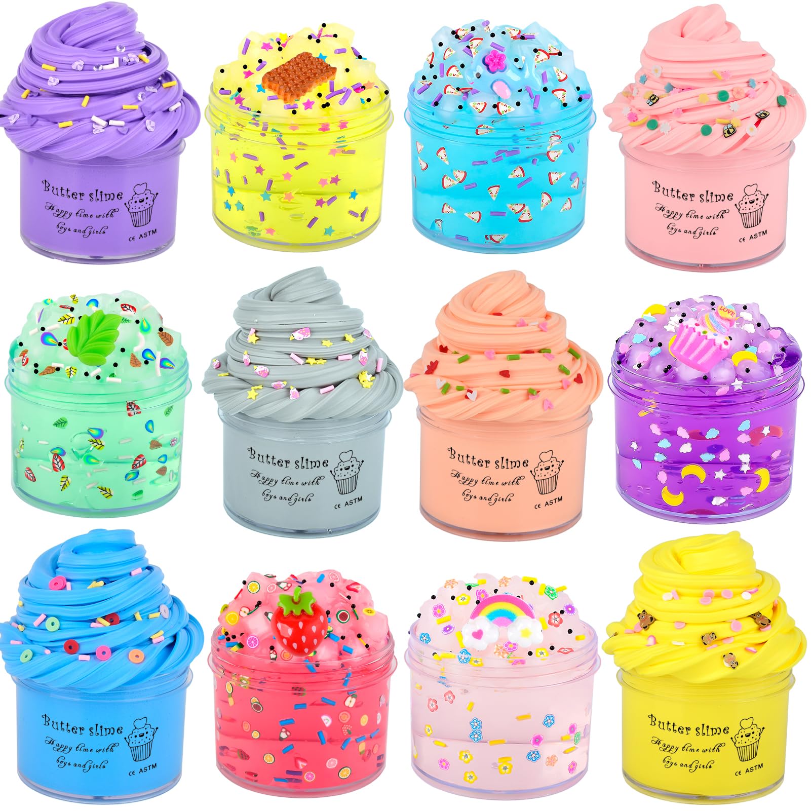 Slime Kit 12 Pack, with 6 Butter Slime and 6 Crystal Slime for Party Favors, Christmas Slime Putty Soft and Non-Sticky, Birthday Gift Carnival Prizes, Stress Relief Toy for Kids Education