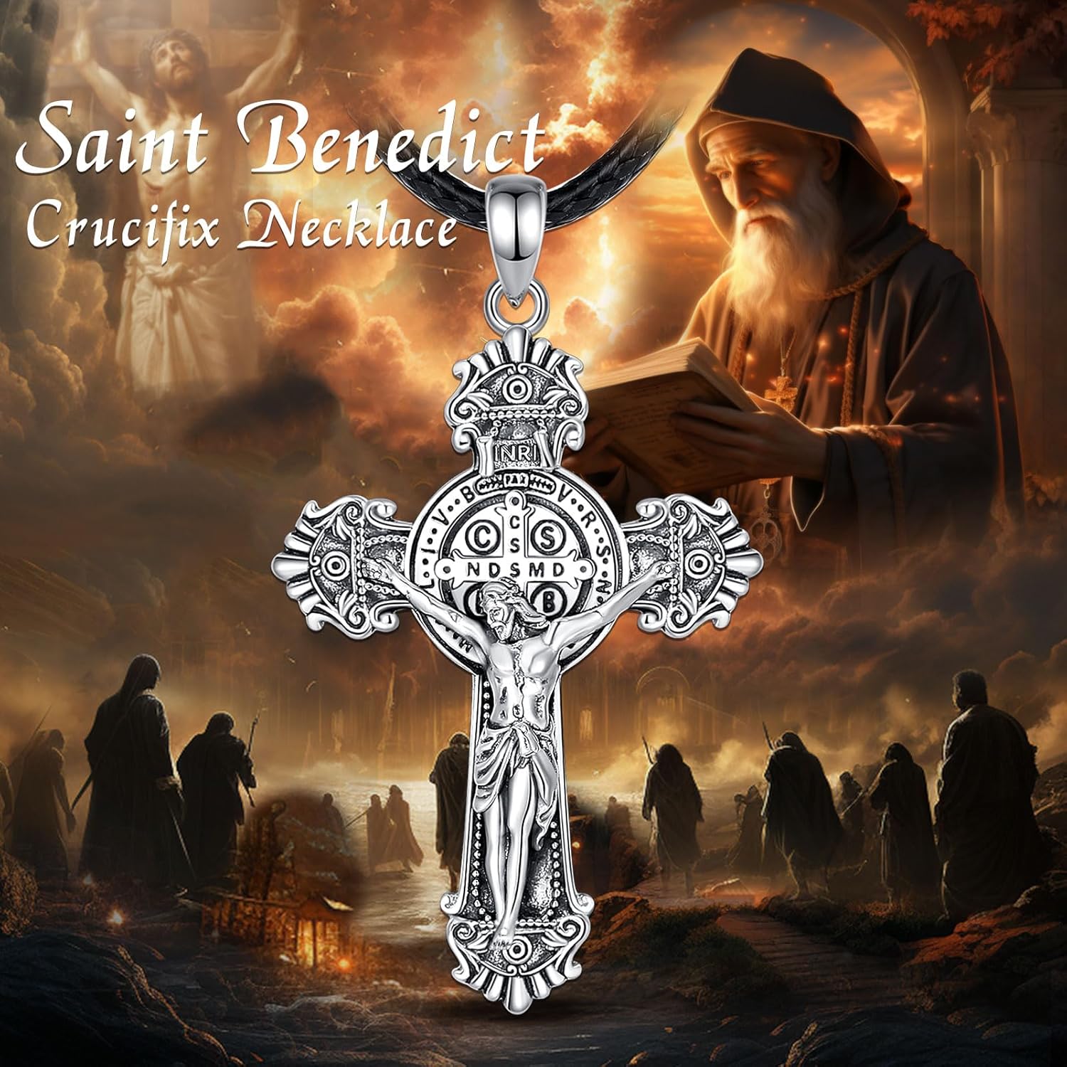 EUDORA 925 Sterling Silver St Benedict/St Michael/St Christopher/Archangel Raphael Gabriel Metatron/Virgin Mary/St Joseph/St Anthony Crucifix Pendant Bible Verse Prayer Necklace Jewelry for Men Women - Image 8