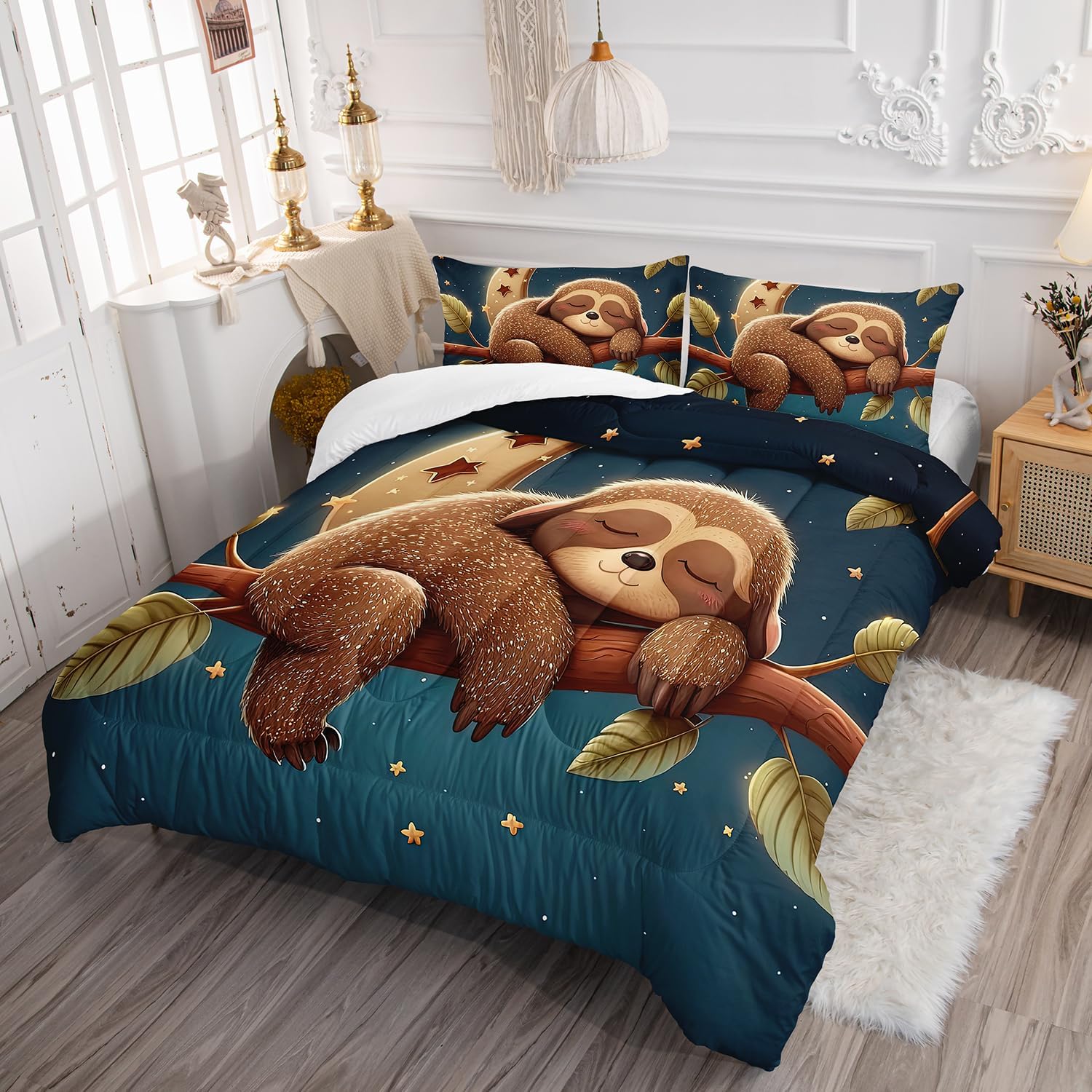 Kawaii Brown Sloth Comforter Set 3Pcs Galaxy Moon Bedding Twin Universe Outer Space Star Bedding Set for Kid Teen Girl Boy Bed Decor Sleeping Sloth Quilt with 1 Comforter and 2 Pillowcases - Image 2