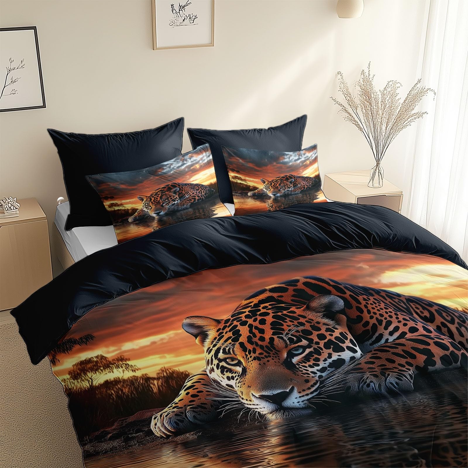 Dusk Sunset 3D Duvet Cover Toddler Jaguar Animal 3D Printed Bedding Set 3 Pcs Soft Microfiber Comforter Cover with 2 Pillowcase 40
