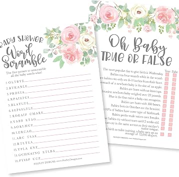 Hadley Designs Baby Shower Games for 25 Guests - Floral Pink Girl Baby Shower Games Word Scramble, True or False Babyshower Game Girl, Gender Reveal Game, Made in USA