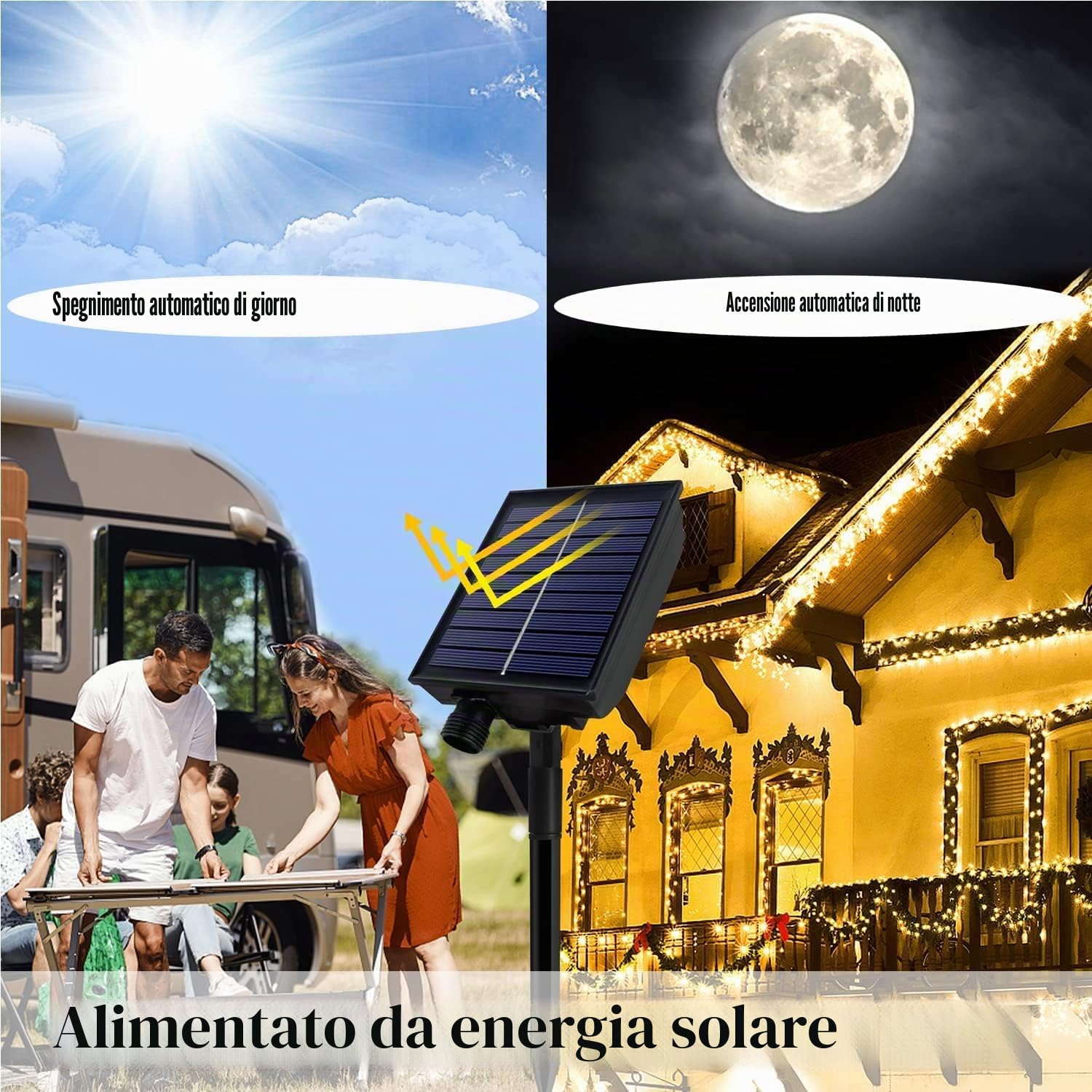 FIVMEN Catena di luci solari per esterni, 100 m, 1000 LED, per esterni, resistente alle intemperie, impermeabile, IP44, con pannello solare e USB, decorazione natalizia, illuminazione per esterni