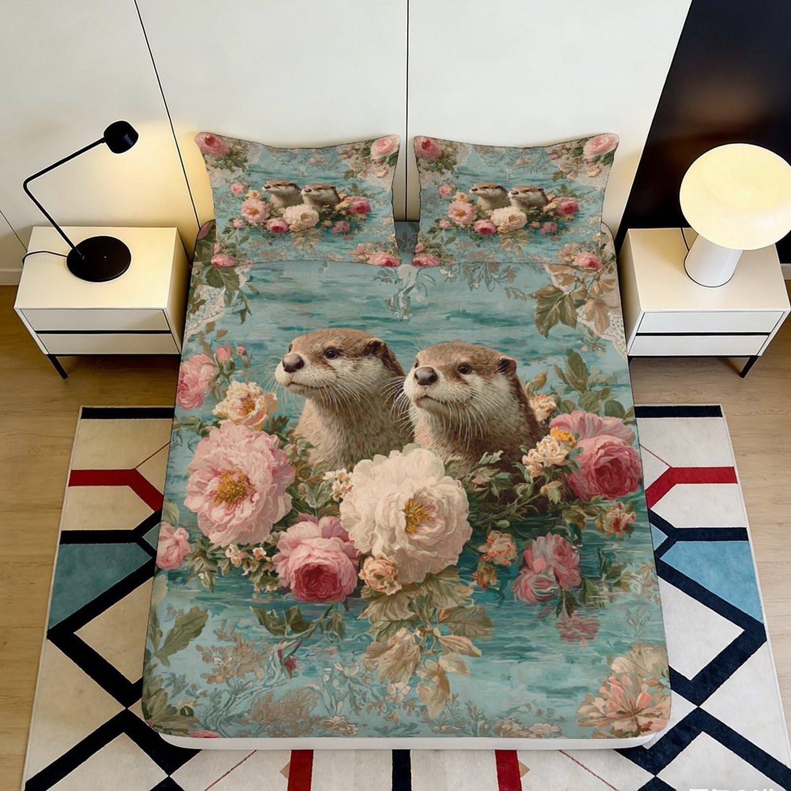 Pnayamiorkfel Style-9 3D Printed Otter Floral Fitted Sheet Microfiber Soft Breathable River Flowers Mattress Cover For Bedroom Guest Room Decor 90X200x25cm