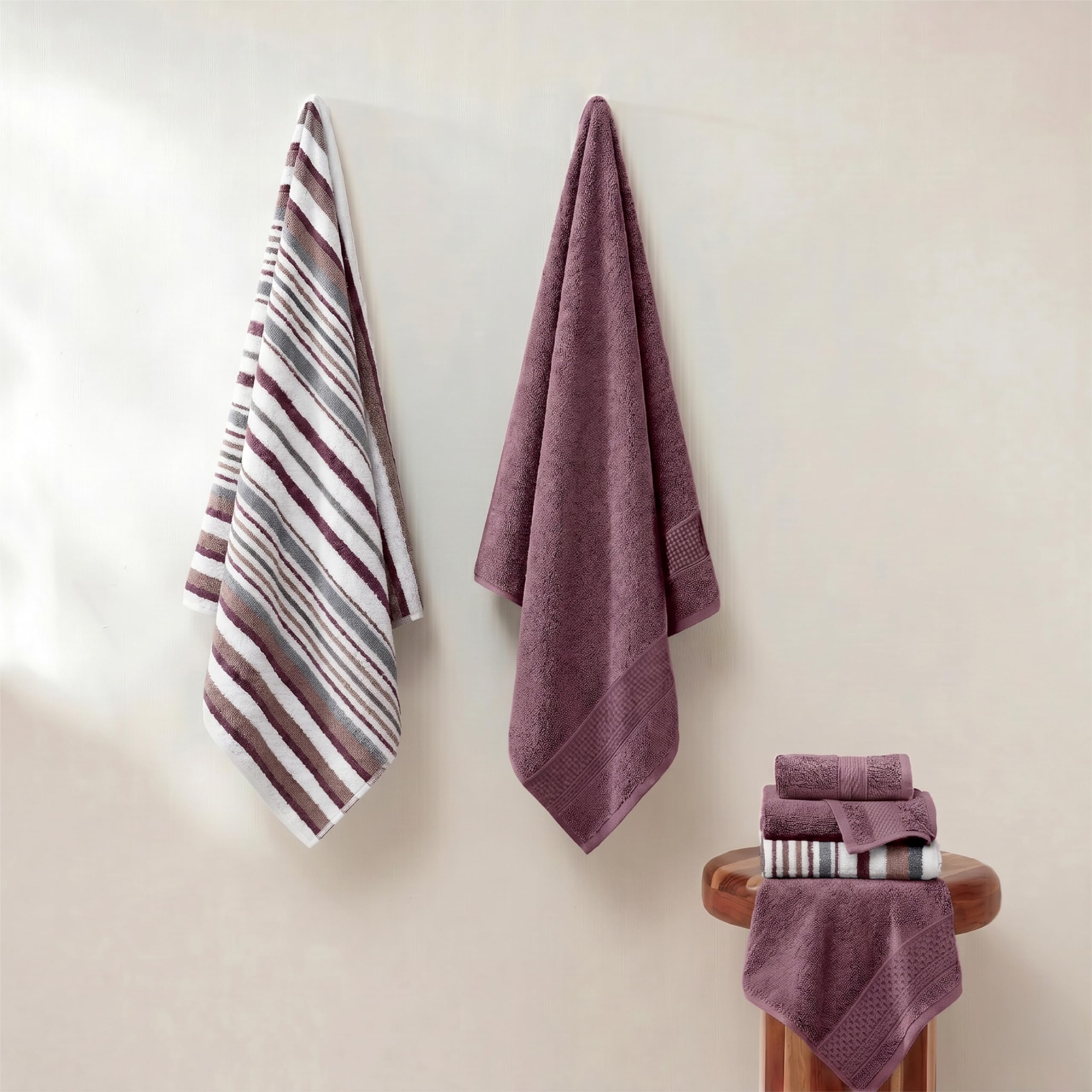 Modern Threads, Pax, Juego de Toallas Reversibles de Jacquard teñidas, Toallas de baño, Mano y paños, súper absorbentes y de Secado rápido, 100% algodón Peinado, 6 Unidades, Rosa Palisandro
