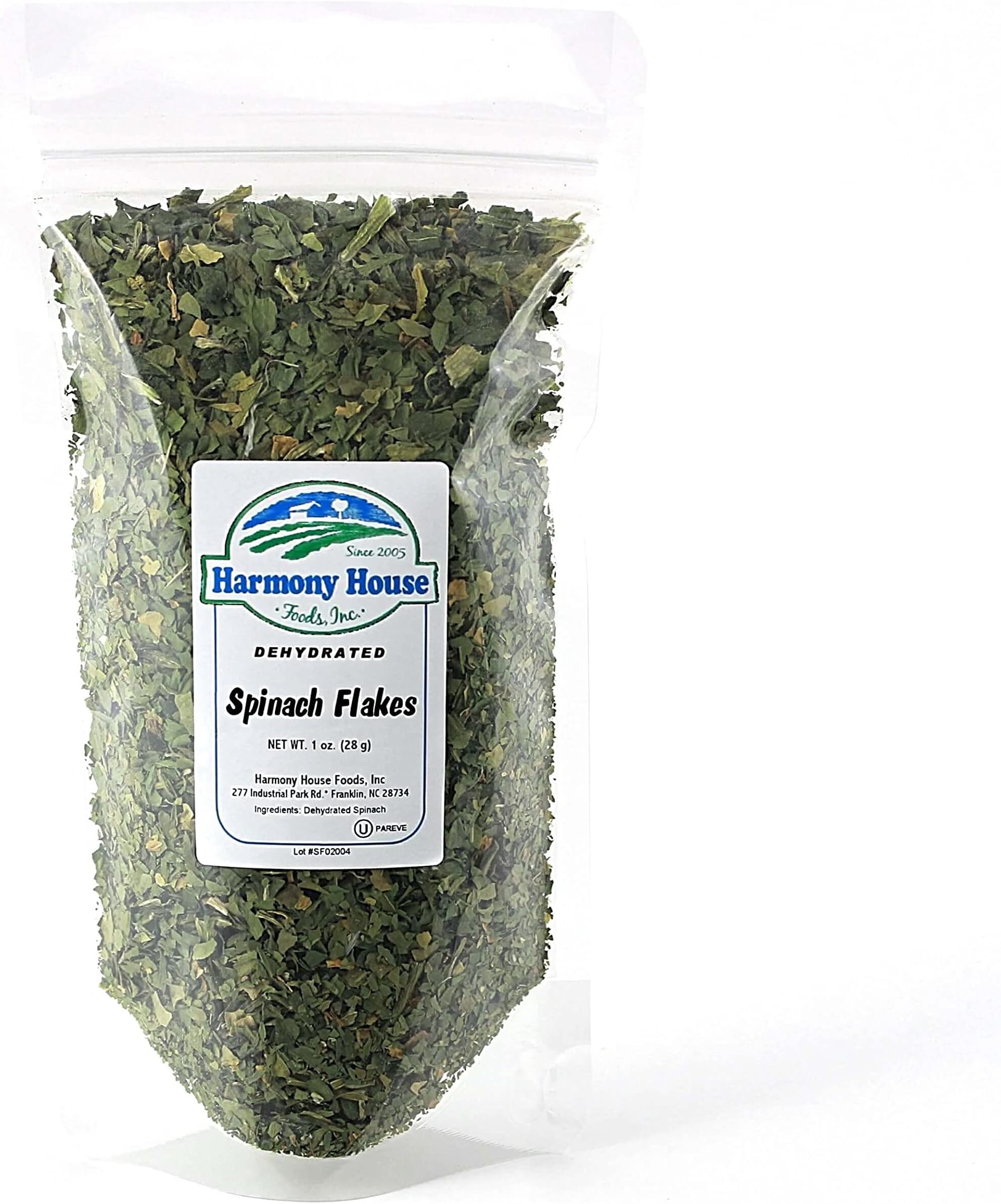 Harmony House Dried Spinach Flakes โ Dehydrated Vegetables For Cooking, Camping, Emergency Supply and More (1 oz, ZIP Pouch)