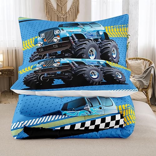 Miniatura 3 de Edredón de camión monstruo azul, tamaño individual, juego de ropa de cama con estampado de camión monstruo para niños pequeños, 1 edredón con 2