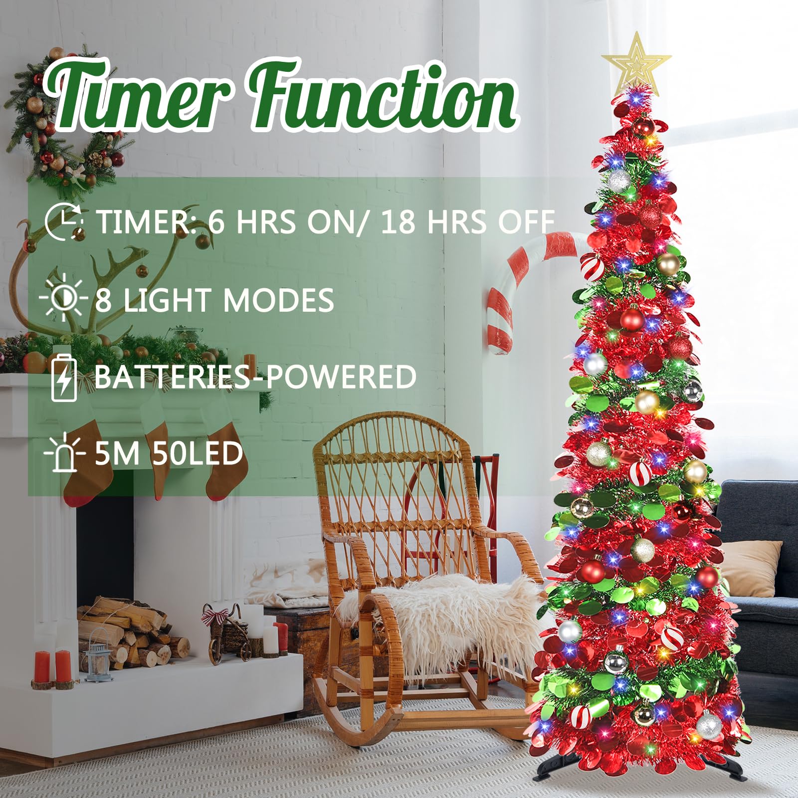 Árbol de Navidad desplegable de 5 pies con luces de temporizador y decoraciones, árbol de Navidad de oropel rojo y verde con 24 adornos de bolas, árbol de Navidad plegable para el hogar,