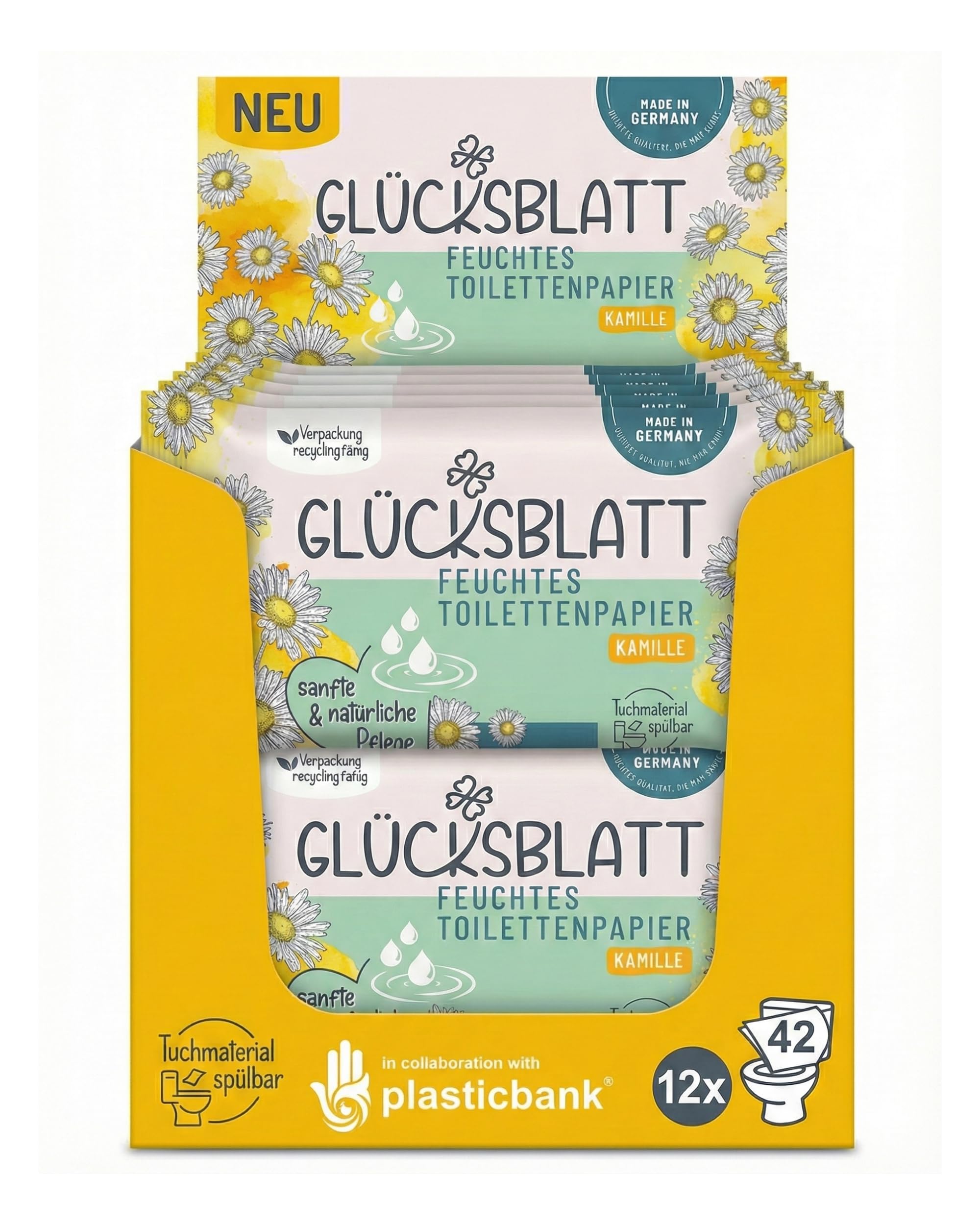 Glücksblatt feuchtes Toilettenpapier Kamille | 12x42 Tücher | Vorratspack | natürliche Pflege mit Kamillenextrakt | dermatologisch getestet | milde Reinigung | sanfte Pflege | spülbare Feuchttücher