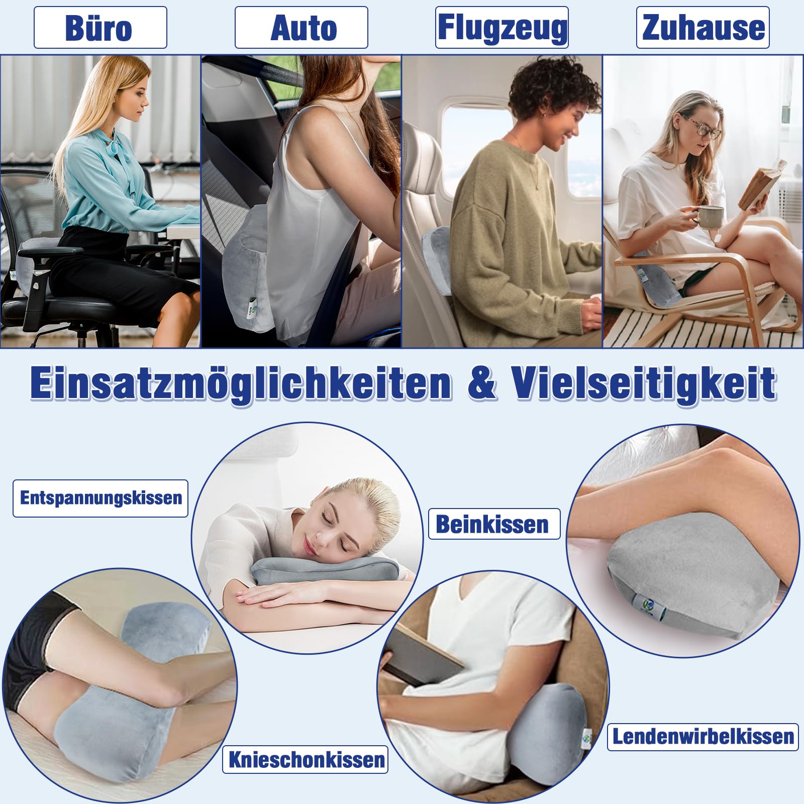 Memory Schaum Lendenwirbelstützkissen für Taillenschmerzen und Druckentlastung – Rückenkissen für langes Sitzen, Fahren, Bürostuhl – Taillenrolle – Beinkissen (Hellblaues)