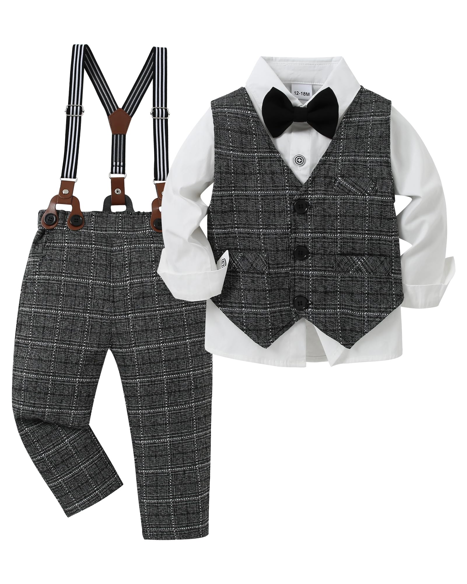 YUEMION Toddler Baby Boy Clothes Suits Gentleman Dress Shirt+Bowtie+Vest+Suspender Pants Boy Formal Wedding Outfits Set 1-5T