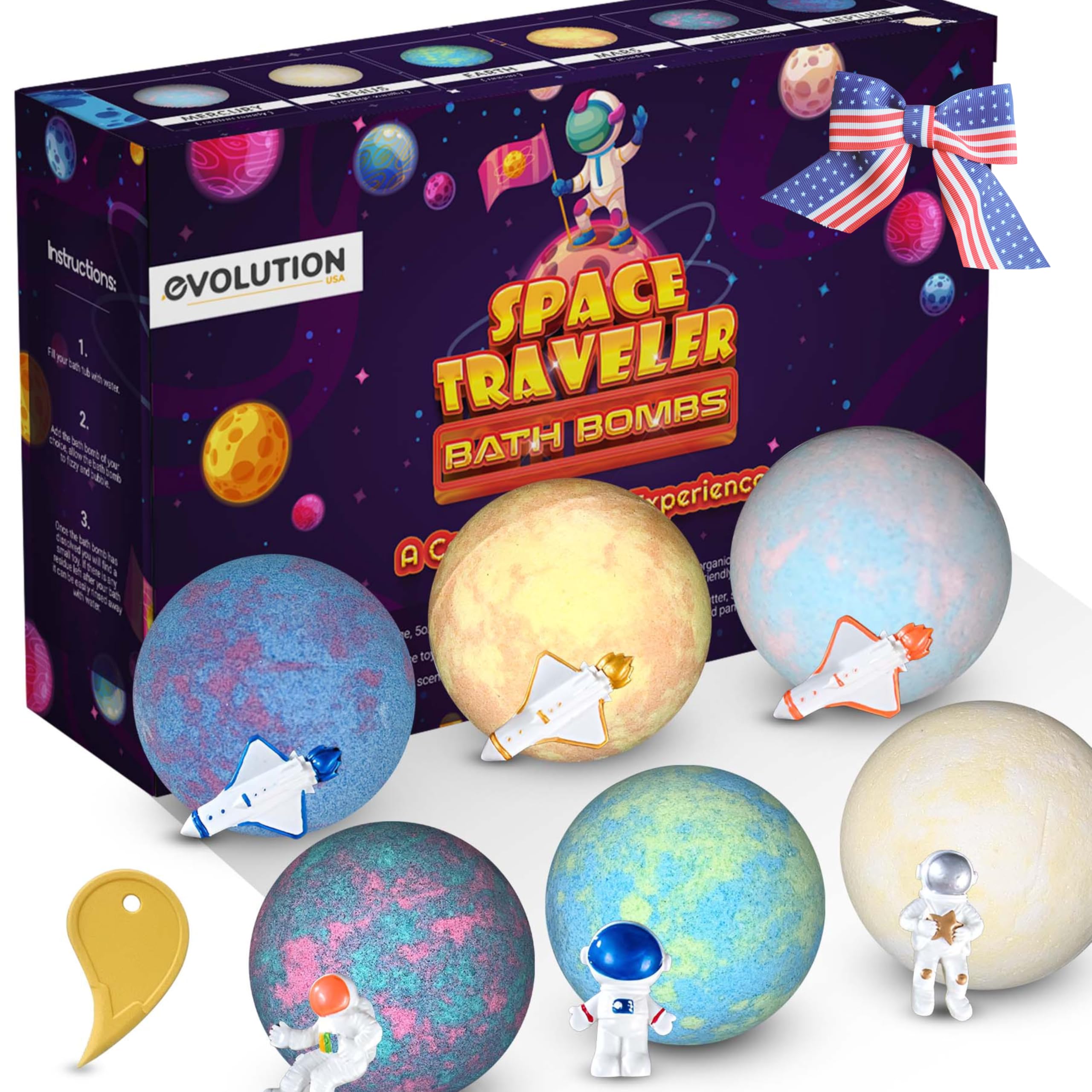 EvolutionUSA Space Bath Bombs for Boys & Girls, 6 Planet Bath Balls with Toy Hidden Inside, Organic Hypoallerganic Childrens Bathbombs, Cosmic Fun Space Surprise, Gift Set Birthday, Christmas, Easter