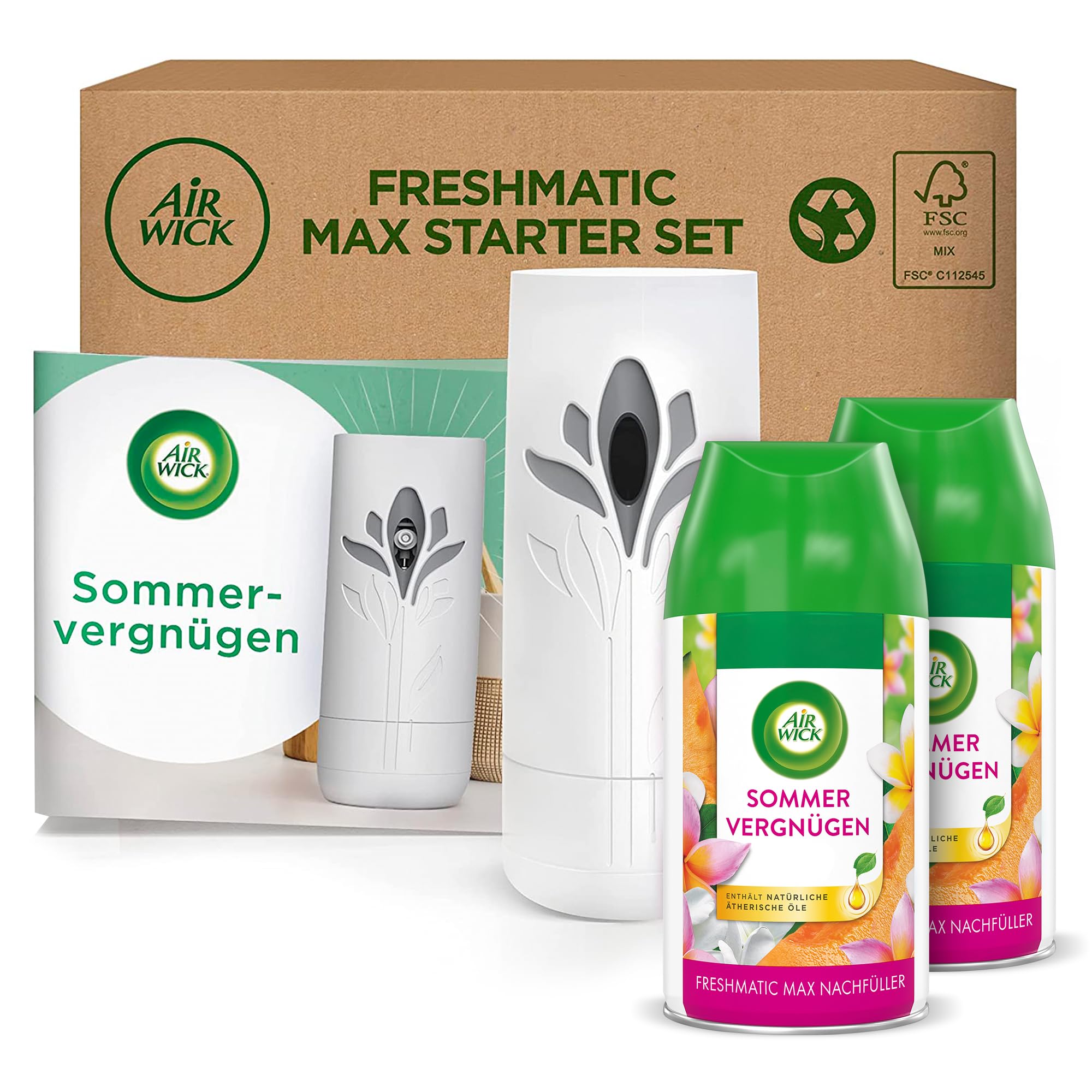 Air Wick Freshmatic Max – Starter Set mit 2 Nachfüllern – Automatisches Raumspray – Raumduft Sommervergnügen – 2 x 250 ml Nachfüller + Gerät