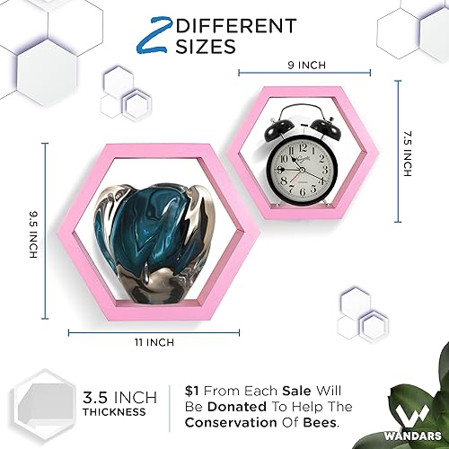 Miniatura 2 de Estantes hexagonales de panal de abeja, juego de 2 estantes de madera de pino y cuarzo rosa, almacenamiento montado en la pared para sala de estar,