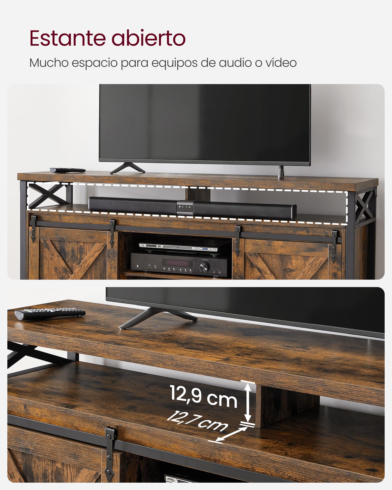 VASAGLE Mueble para TV, Soporte para TV de 65 Pulgadas, con Estantes Ajustables, Puertas de Granero, Diseño de Granja, Marco de Metal, Marrón Rústico y Negro LTV071B01V1