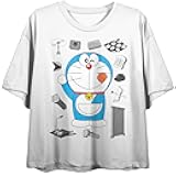 Doraemon Character Surrounded by Black and White Icons Crew Neck Short Sleeve Women's White Crop Top