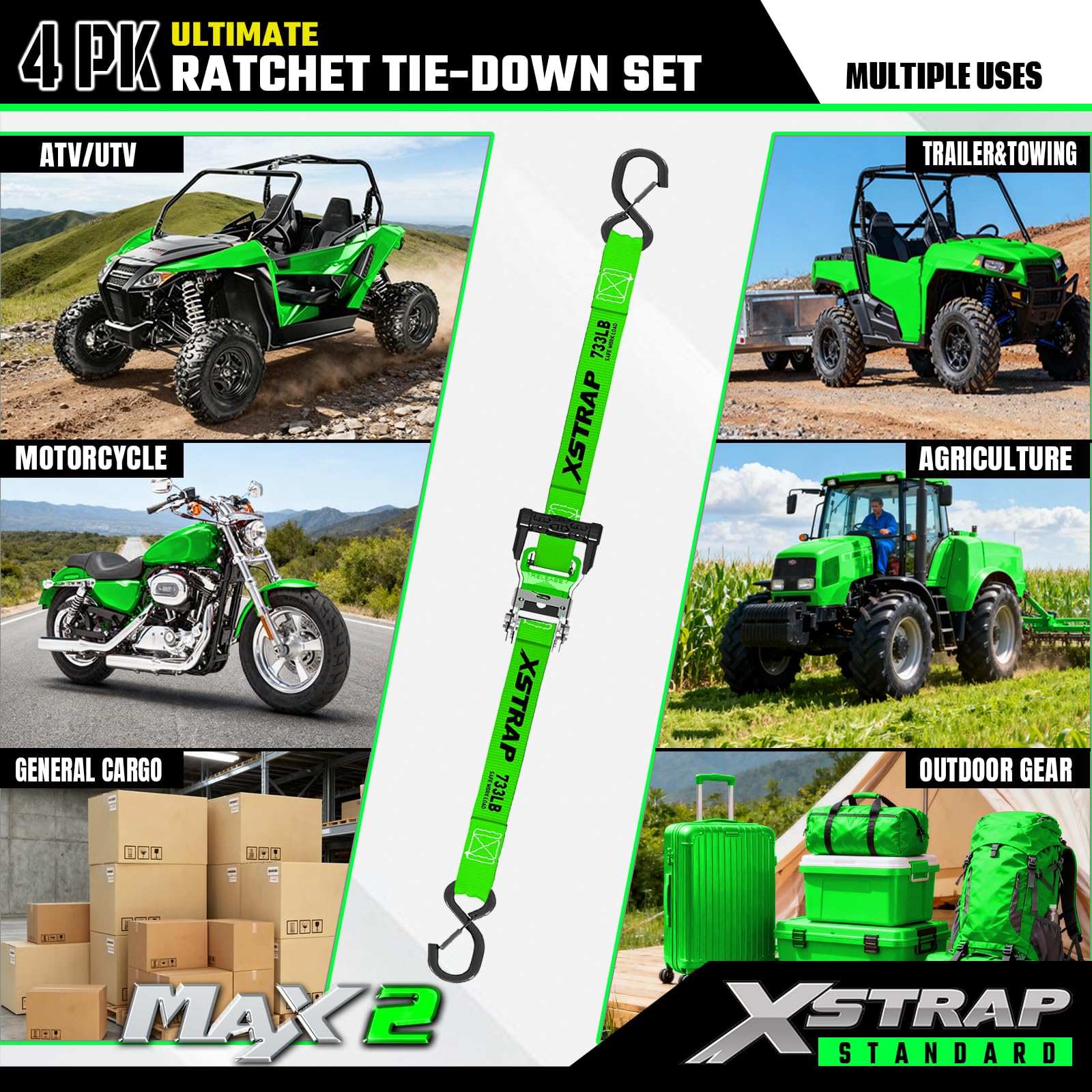 XSTRAP Standard Motorrad-Spanngurte, 2,5 cm x 4,6 m, 1 kg Bruchfestigkeit, weiche Schlaufenriemen mit Sicherheitsverschluss, S-Haken, Schwarze Schlaufen und Aufkleber, für Umzug, LKW, Ladung