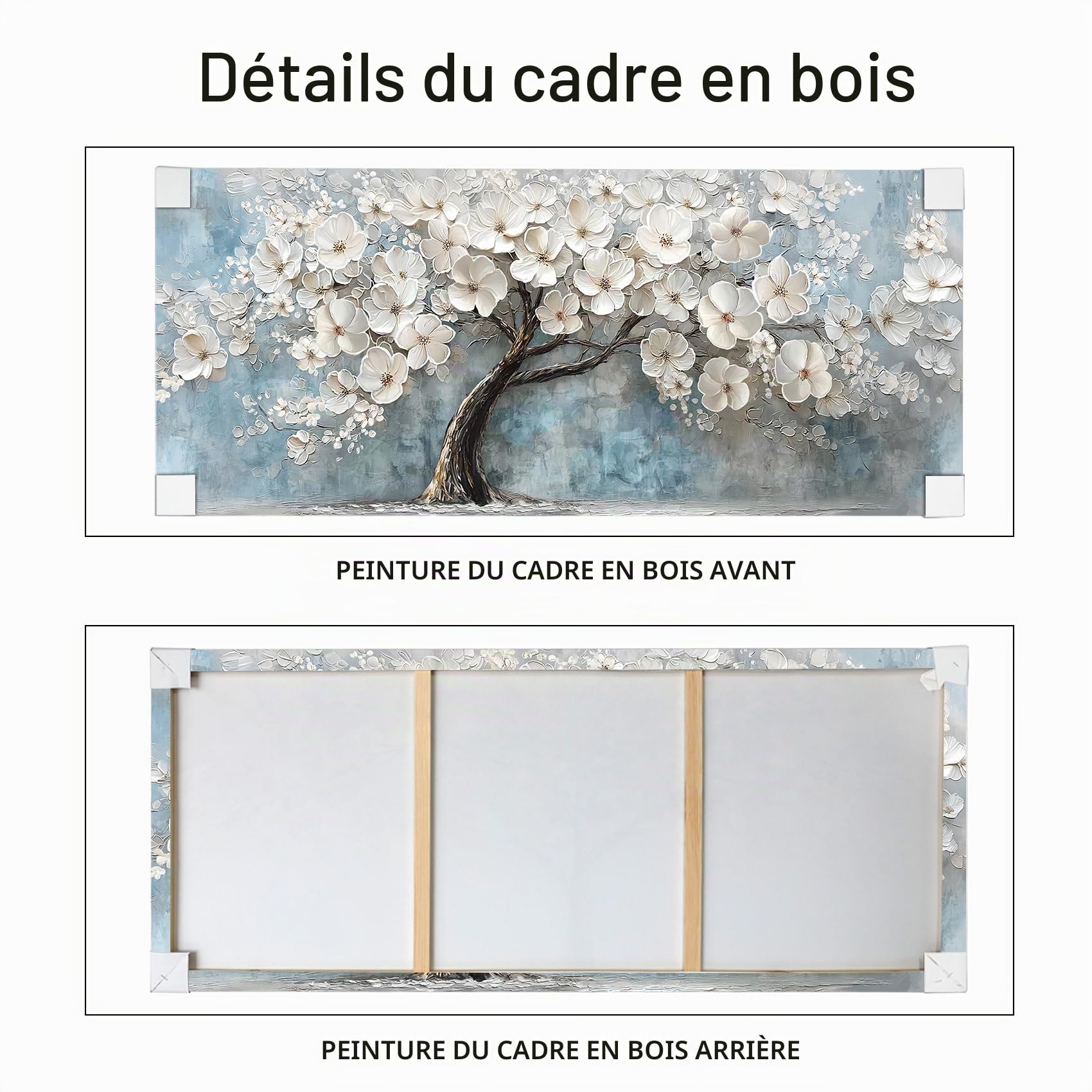 Cadre en Bois Impression sur Toile Peinture Arbre de Vie en Fleurs Blanches Tableau Blooming Floral Image sur Toile Grandes Tableau Decoration Murale Salon Chambre Restaurant Hôtel 50x120cm