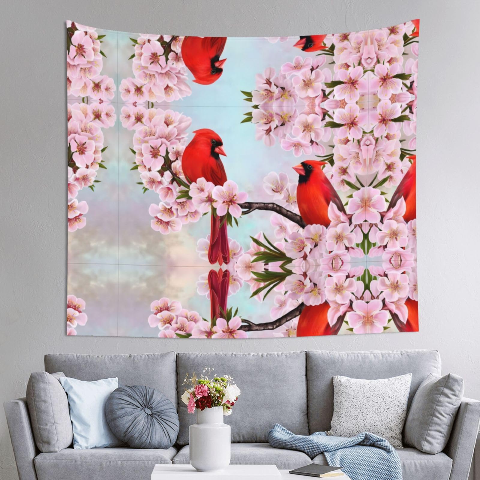 HLSBSSL 60x51in Red Bird Branch Blossom Printed Tapestry Tablecloth for Dormitory and Picnic Rooms - Multifunctional Fabric Hanging