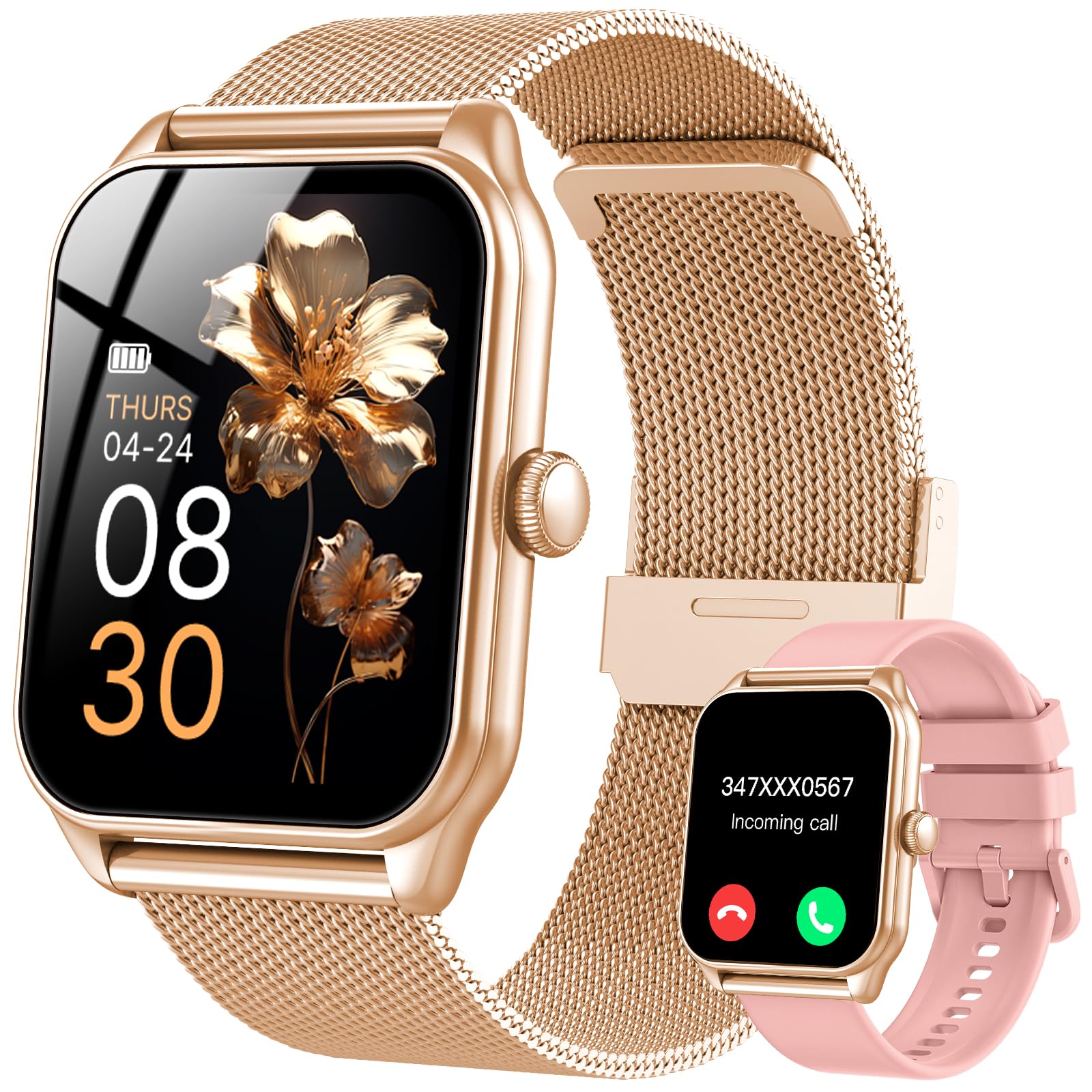 Smartwatch da donna con funzione telefonica, impermeabile IP68, oro rosa