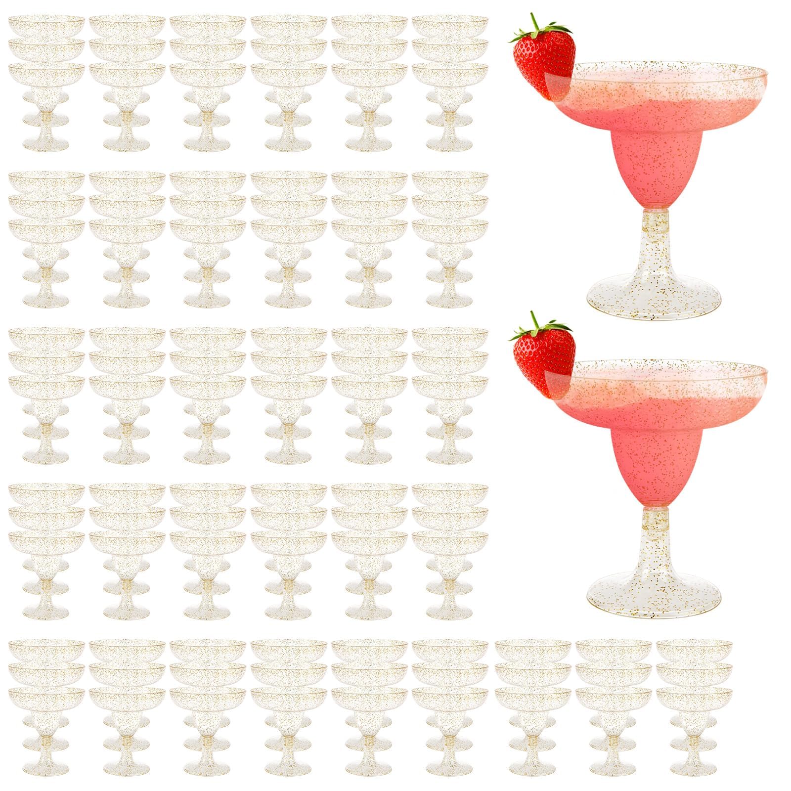 WOPPLXY 60 bicchieri da margarita in plastica, 141,7 g, bicchieri da cocktail in plastica con glitter dorati, bicchieri da Martini in plastica, bicchieri per margarita per matrimoni, addio al